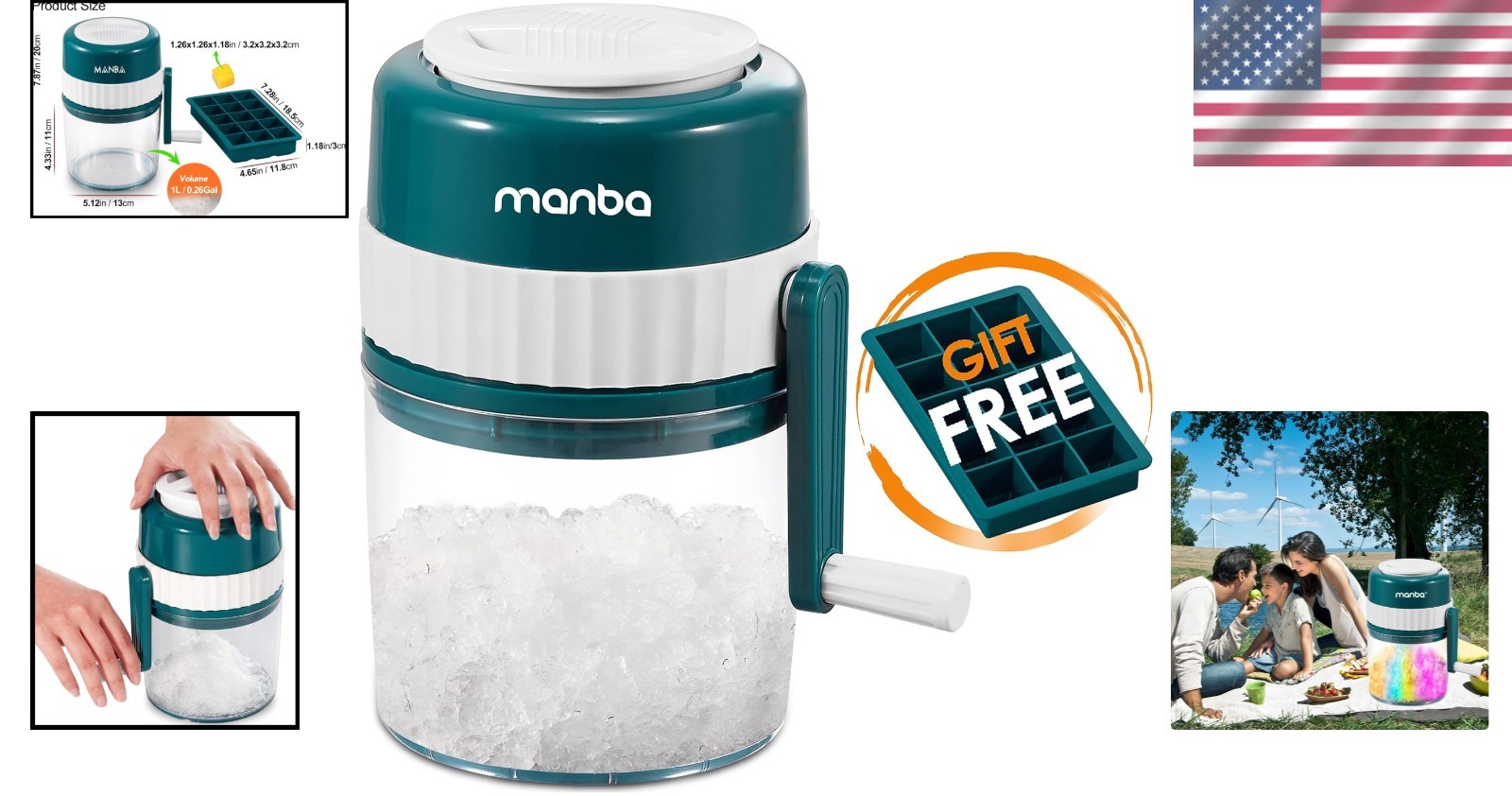 Versatile Manual Ice Shaver with 3 Stainless Steel Blades & Ice Tray Included