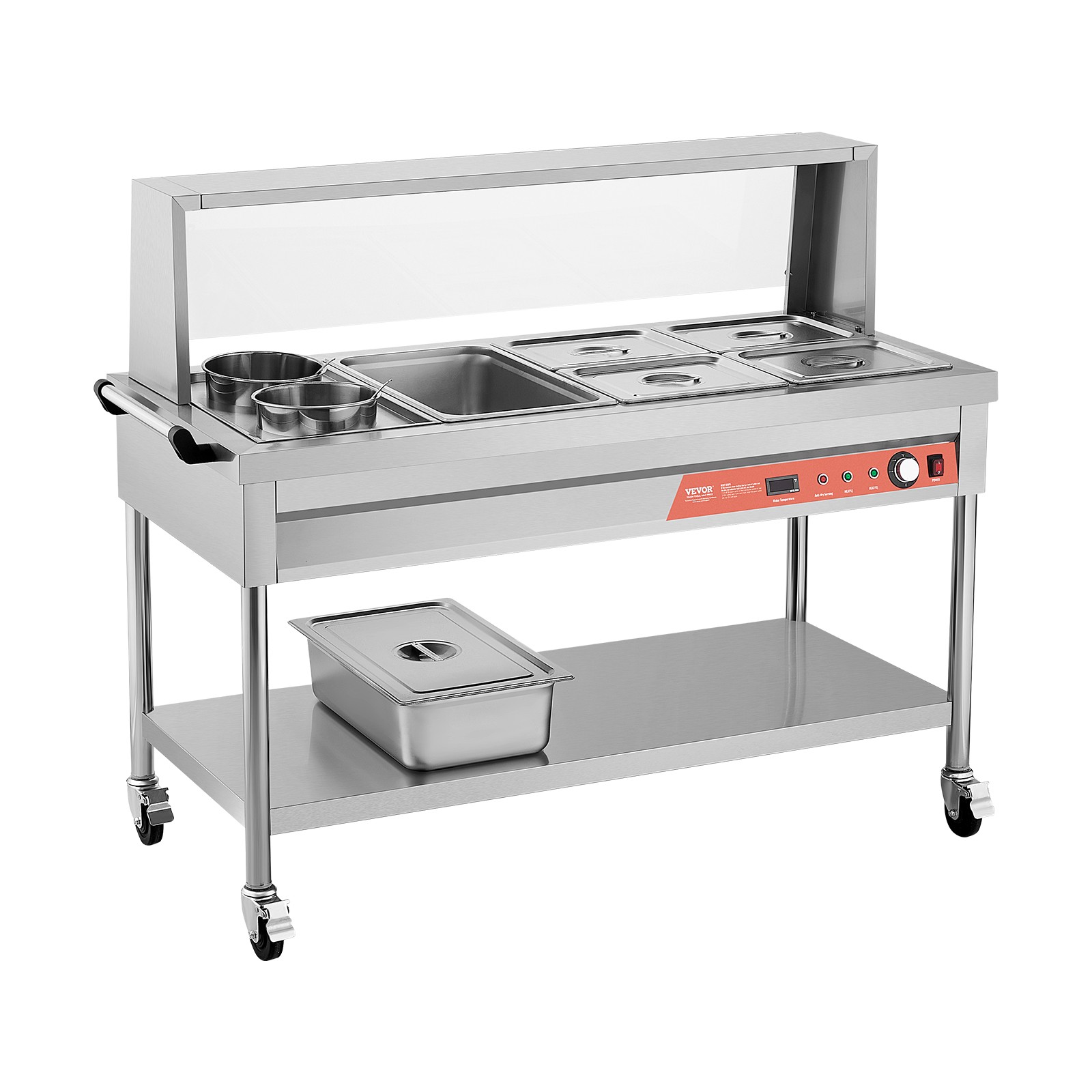 VEVOR 5 Pans + 2 Pots Commercial Food Warmer Steam Table with Undershelf Shield