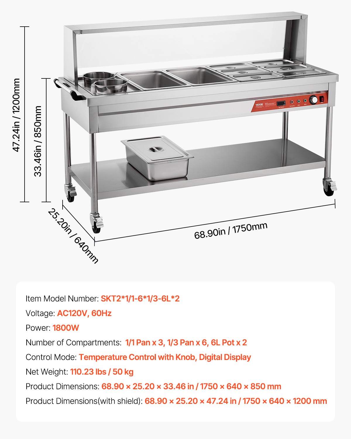 VEVOR 8 Pans + 2 Pots Commercial Food Warmer Steam Table with Undershelf Shield