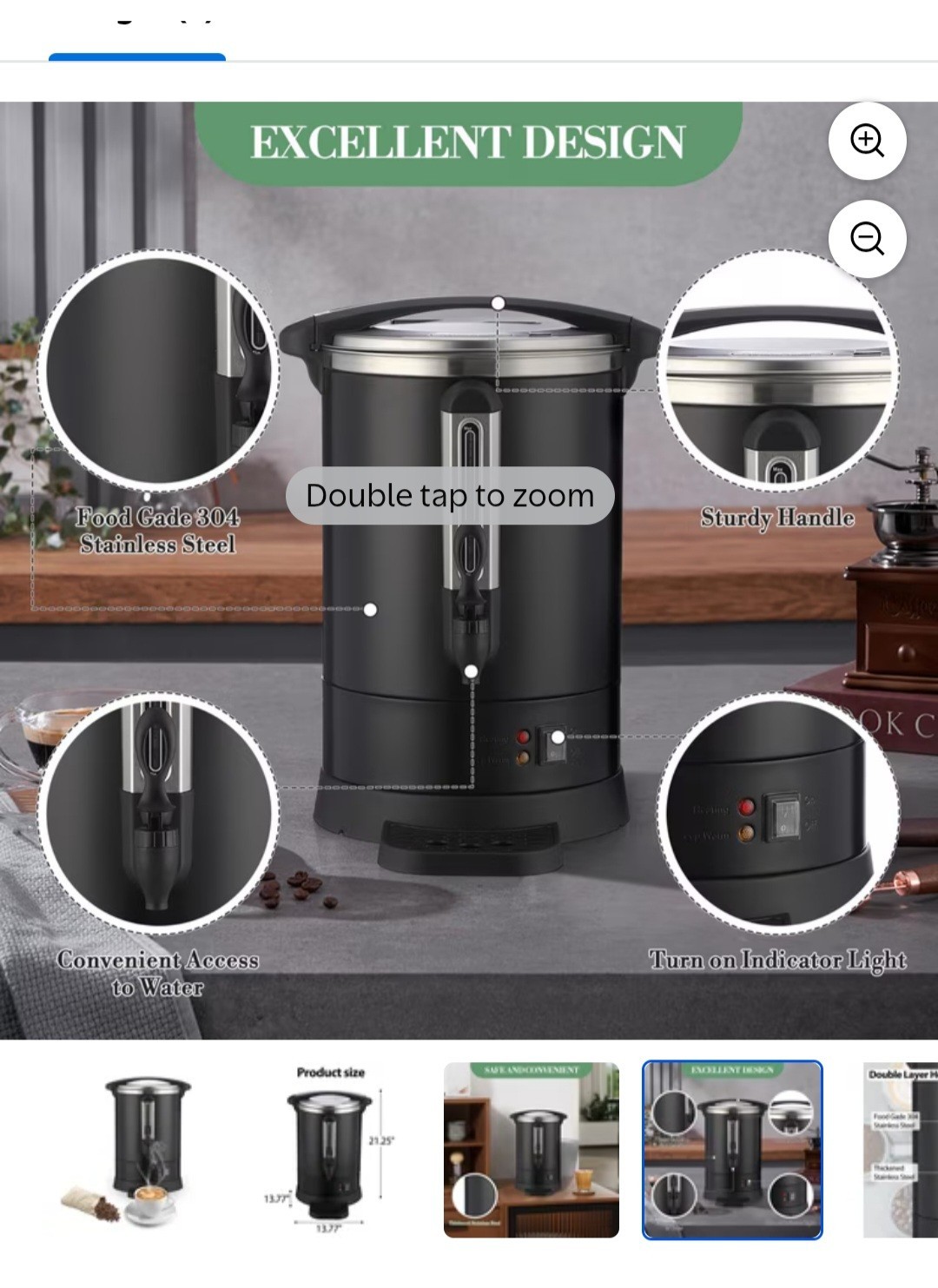 Double-Wall Insulated Coffee Urn 80-Cup, 12L / 3.2 Gal Commercial Coffee Maker,