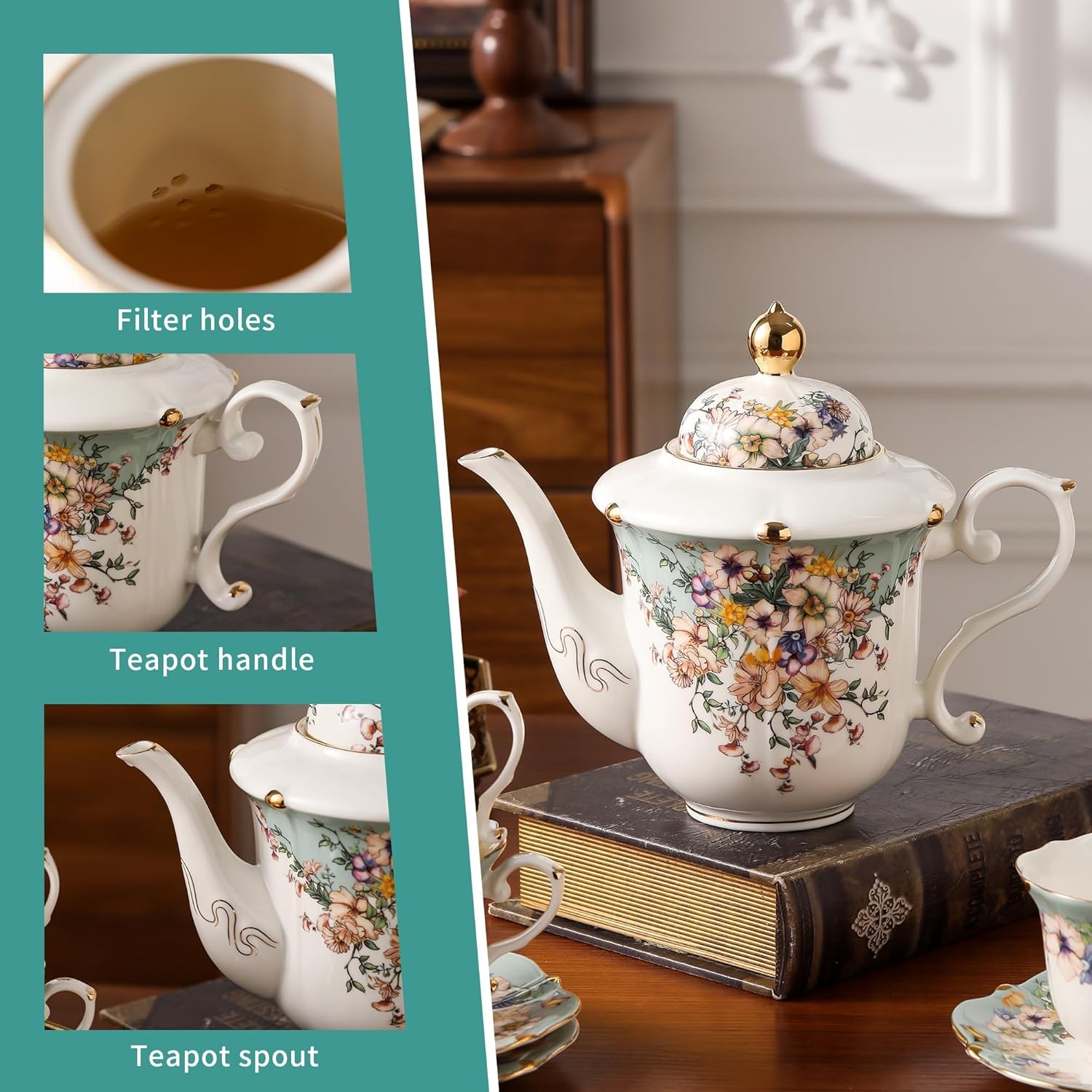 Country Roses Porcelain Tea Set, European Ceramic tea set for adults,Vintage