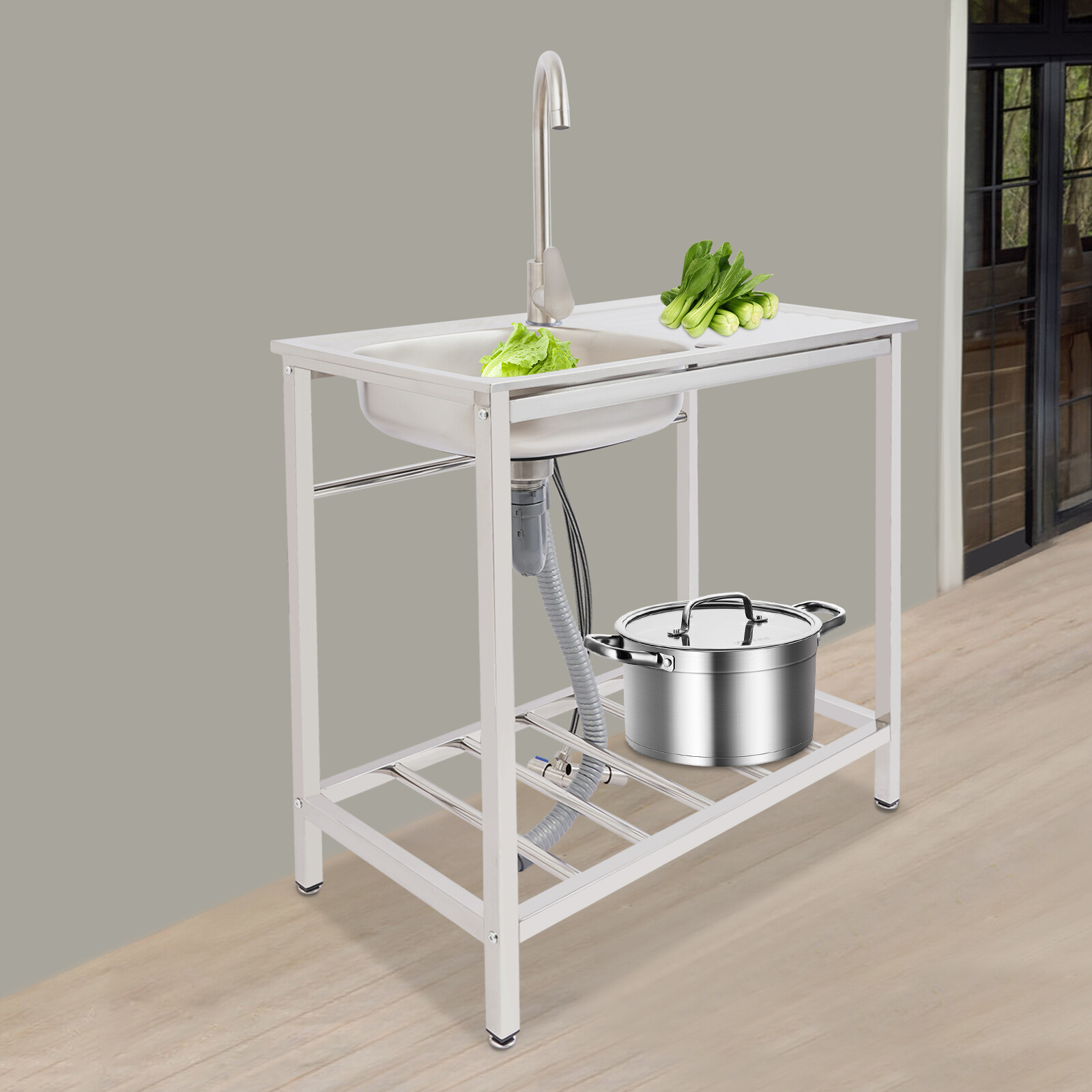 Stainless Steel Utility Sink, Free Standing with Faucet & Drainpipe for Homes