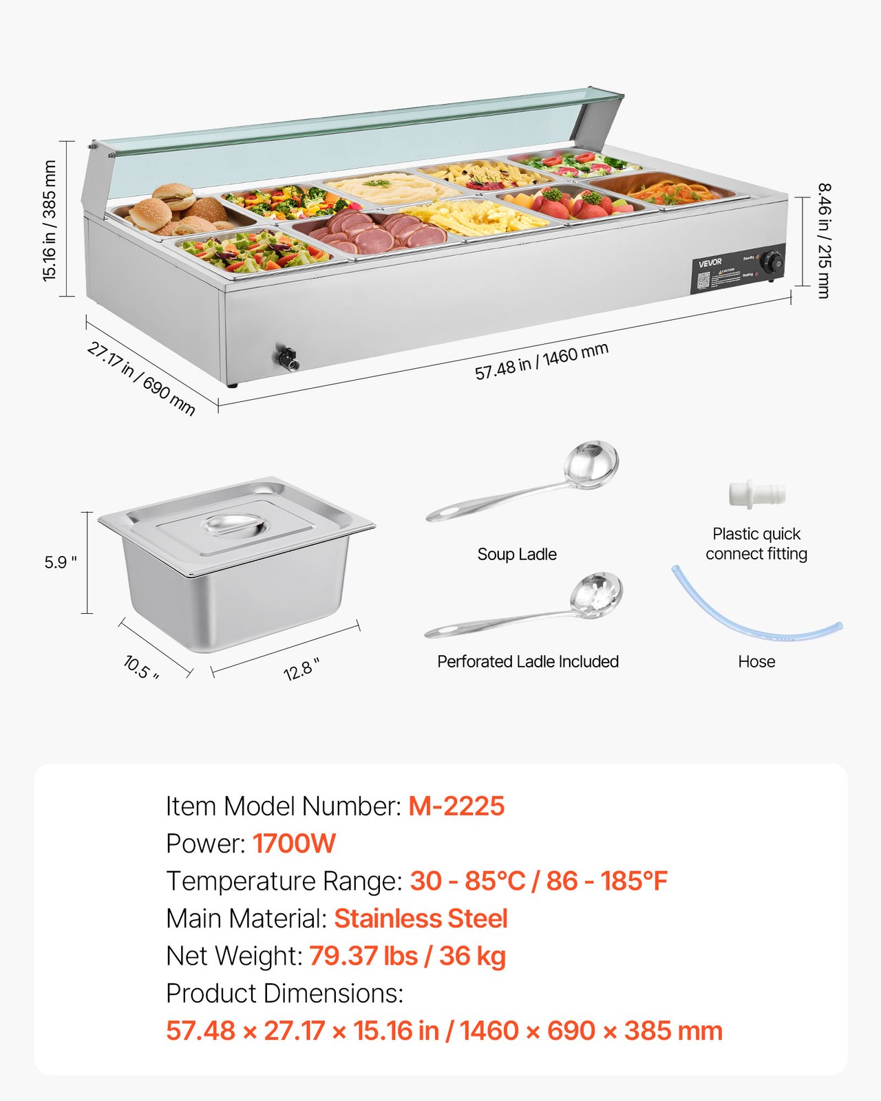 VEVOR Commercial Food Warmer 10-Pan 1700W Buffet Bain Marie with Glass Cover