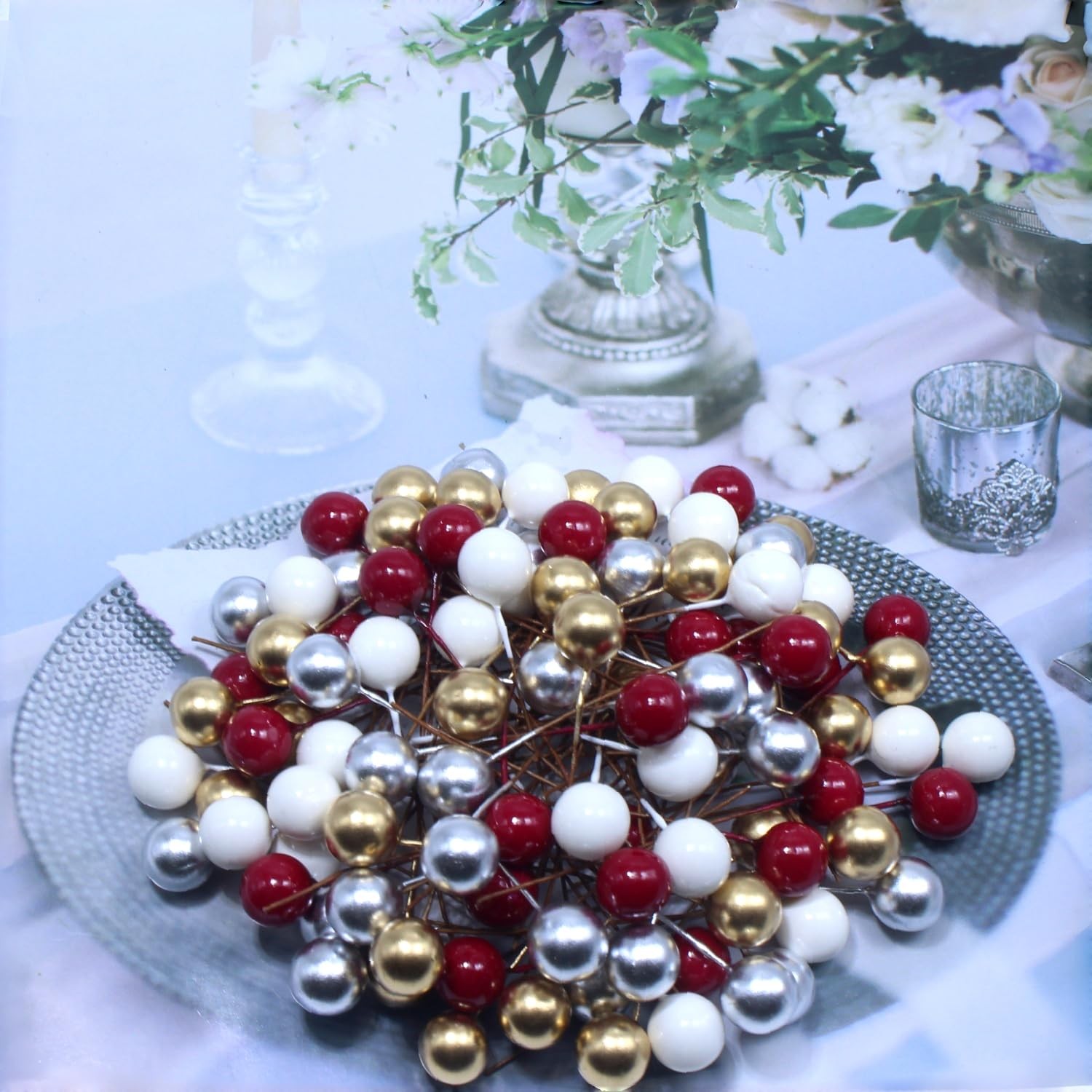 DoubleWood Artificial Holly 1 x 0.5 x 1.5 inches, Red, Gold, Silver, White