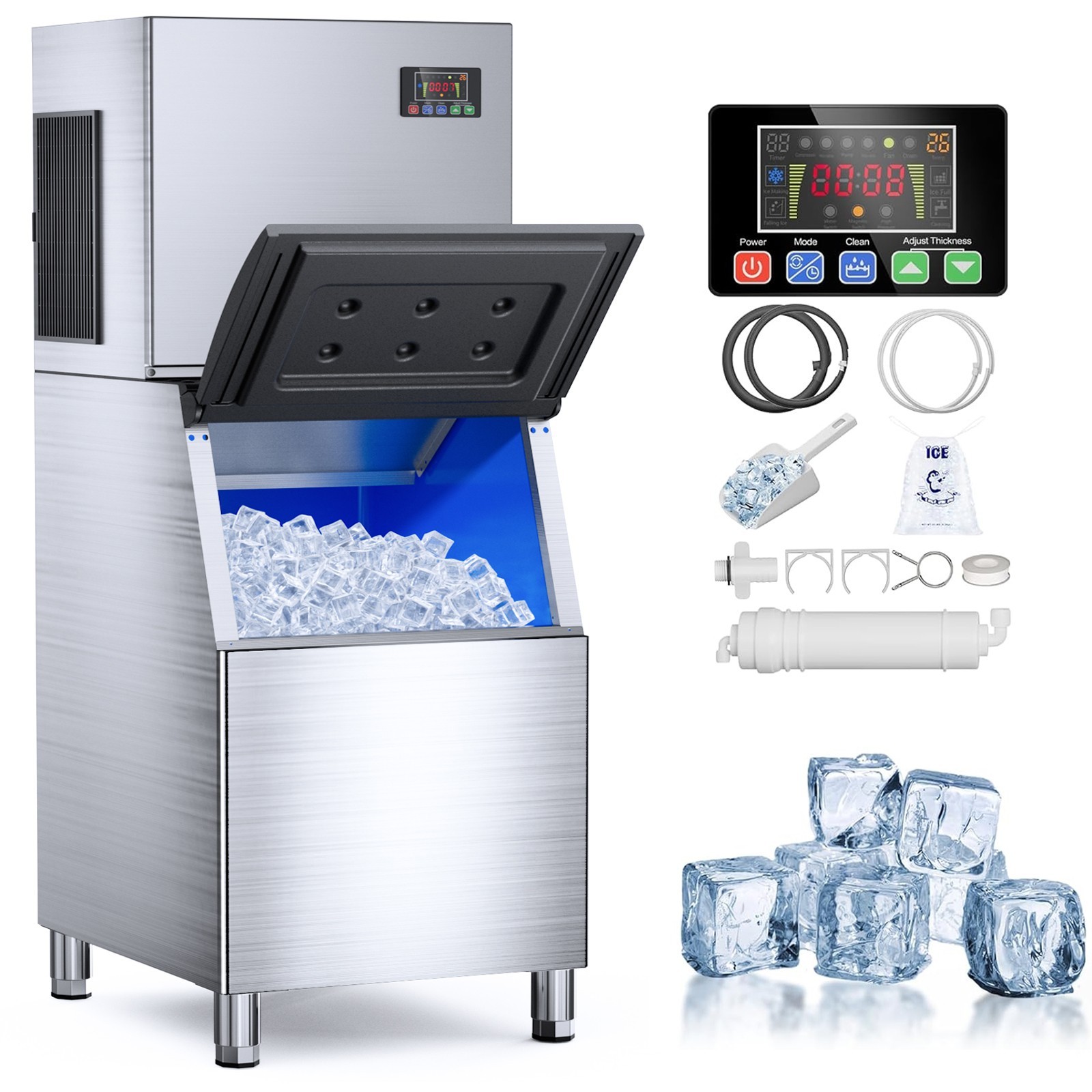 500LBS/24H Commercial Ice Maker Machine Freestanding Bar Ice Machines 350lbs Bin