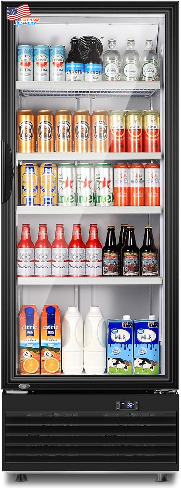 350L Commercial Beverage Fridge Glass Door Fast Cooling Low Noise Black