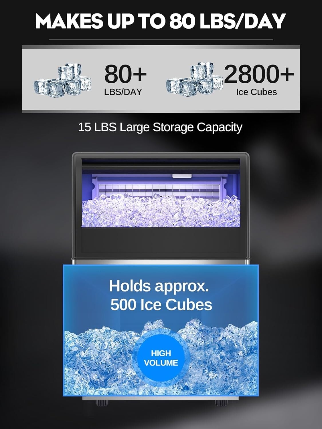 Freestanding Stainless Steel Ice Maker – 80lbs Ice Production, Quiet Operation