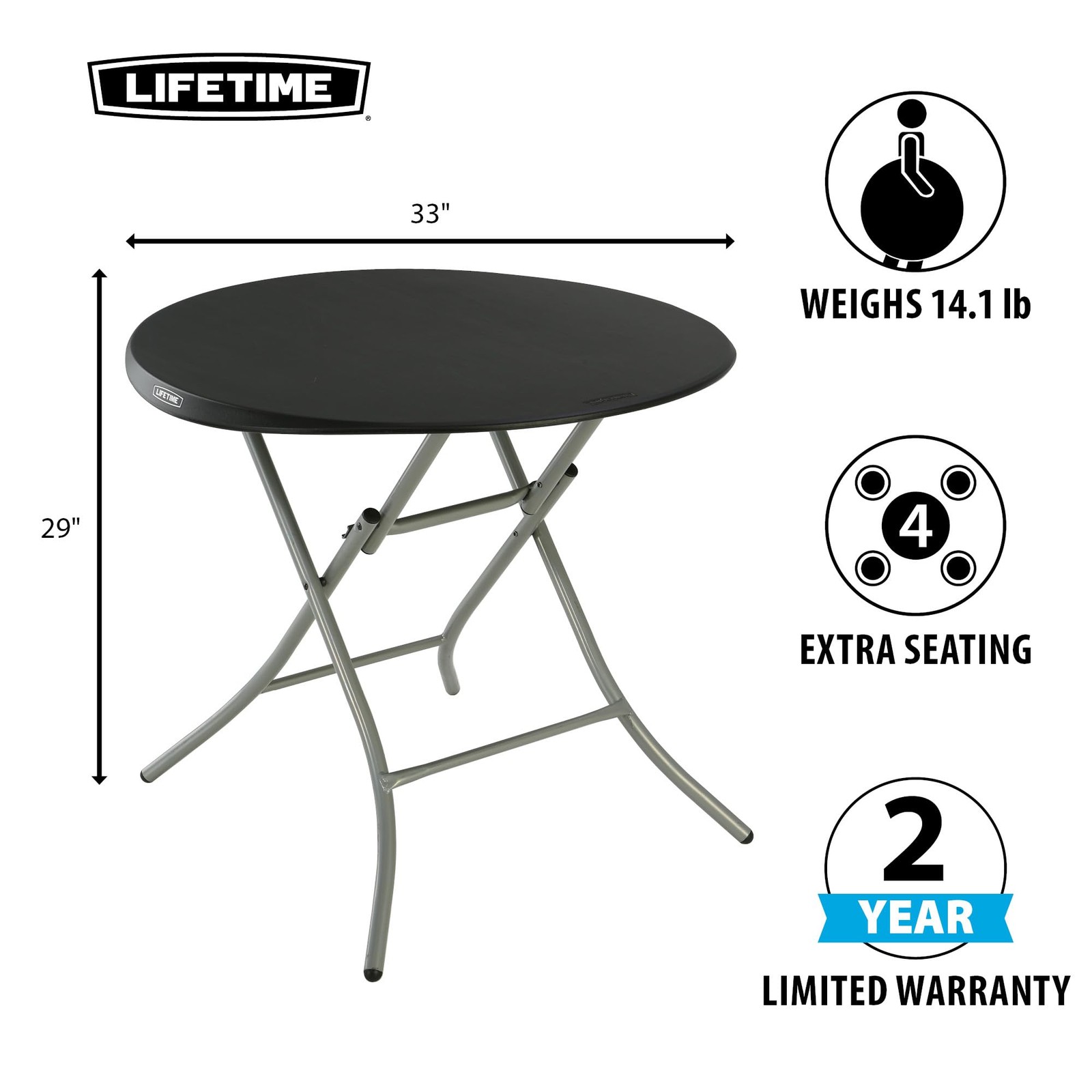 Lifetime 33-Inch Round Folding Table Black Portable Indoor Outdoor Use 81316