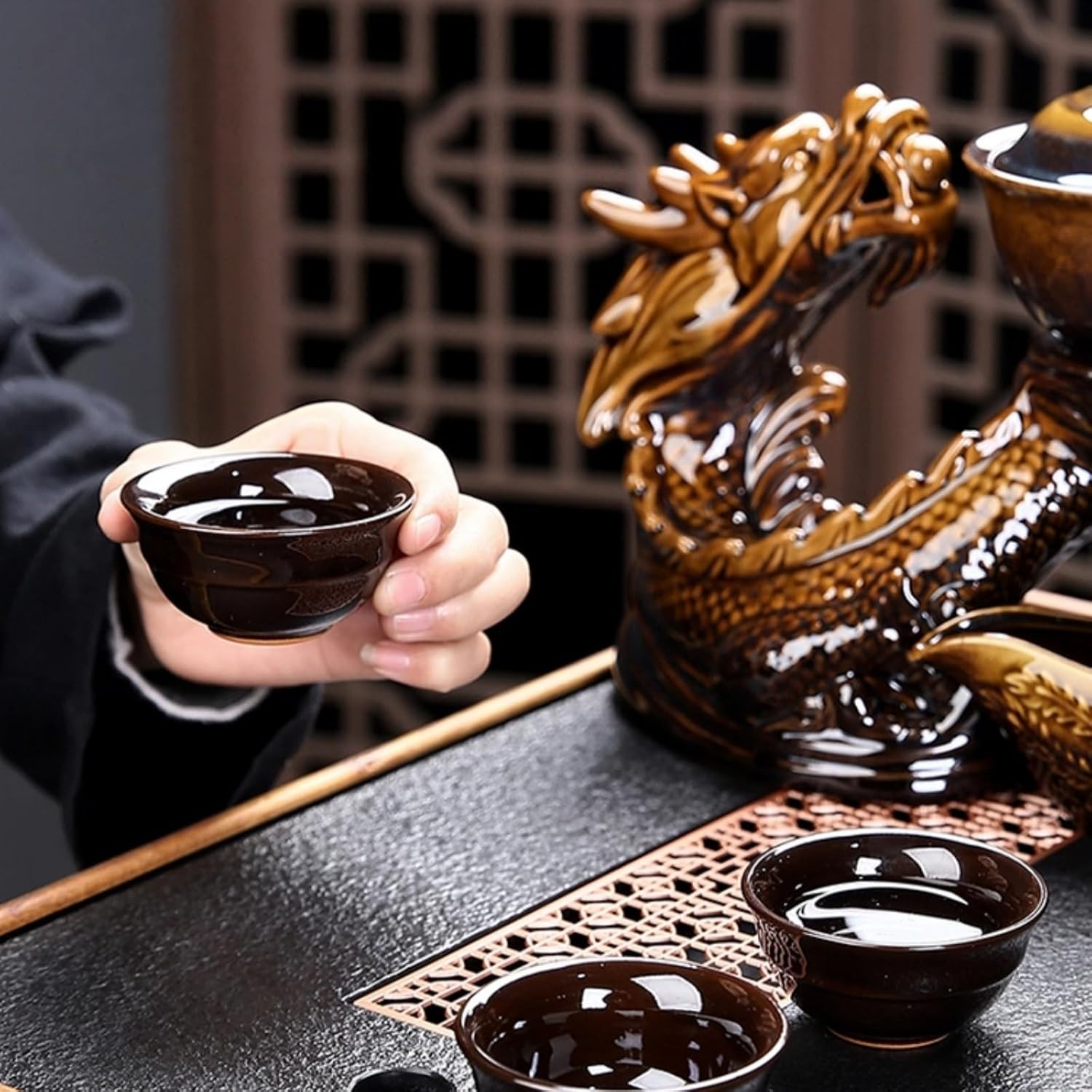Chinese Gongfu Tea Set – Ceramic Teapot with Infuser, 8 Cups, Semi Automatic