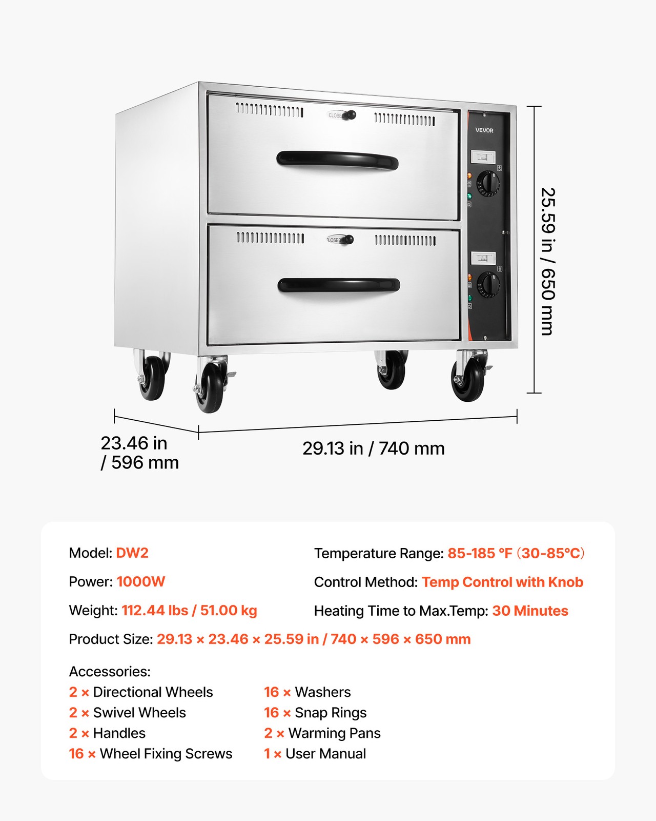 VEVOR Commercial Electric Drawer Warmer Two Drawers Stainless Steel Standard