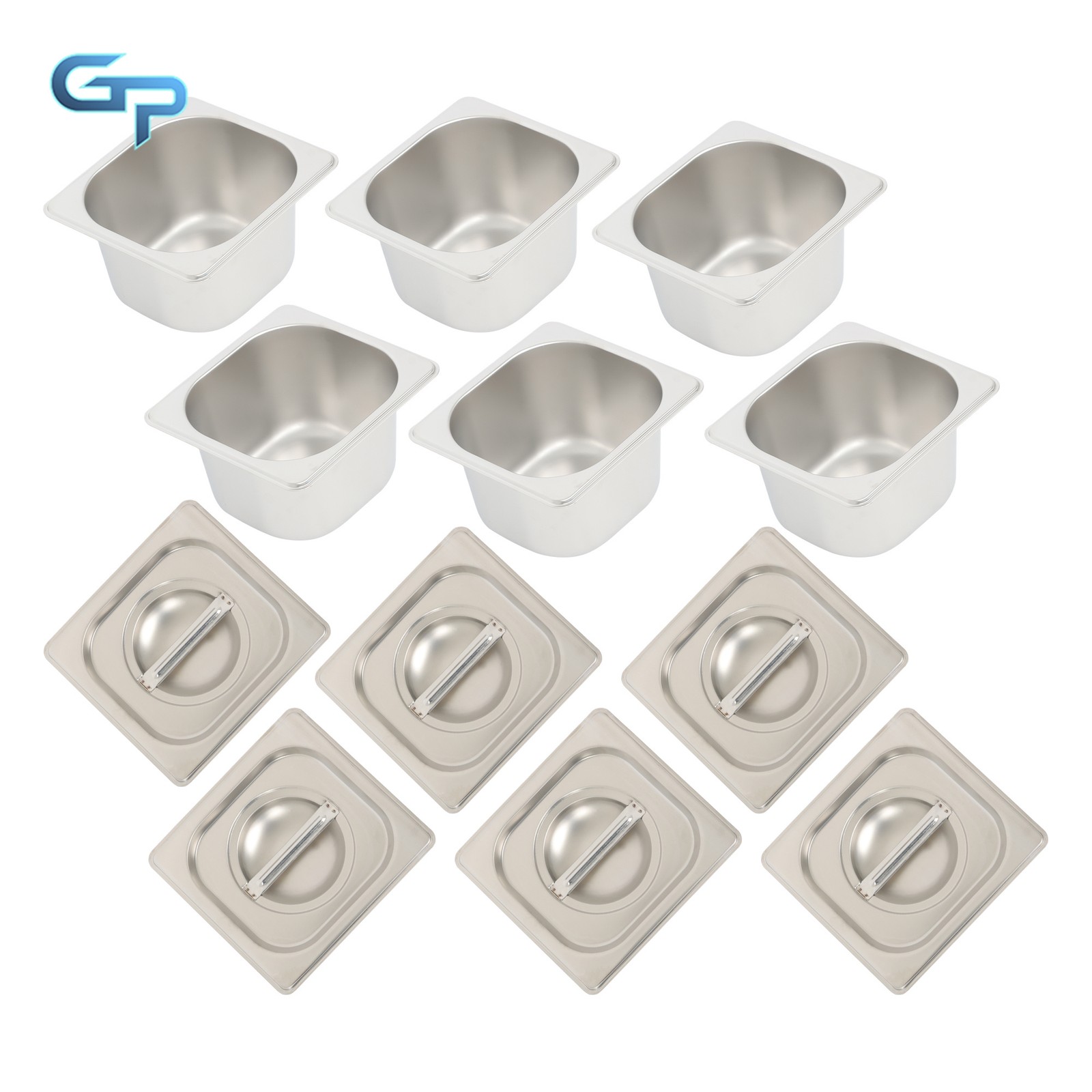 6-Pc Stainless Steel 1/6 Size Hotel Pans, 4″ Deep Steam Table Pans with Lids