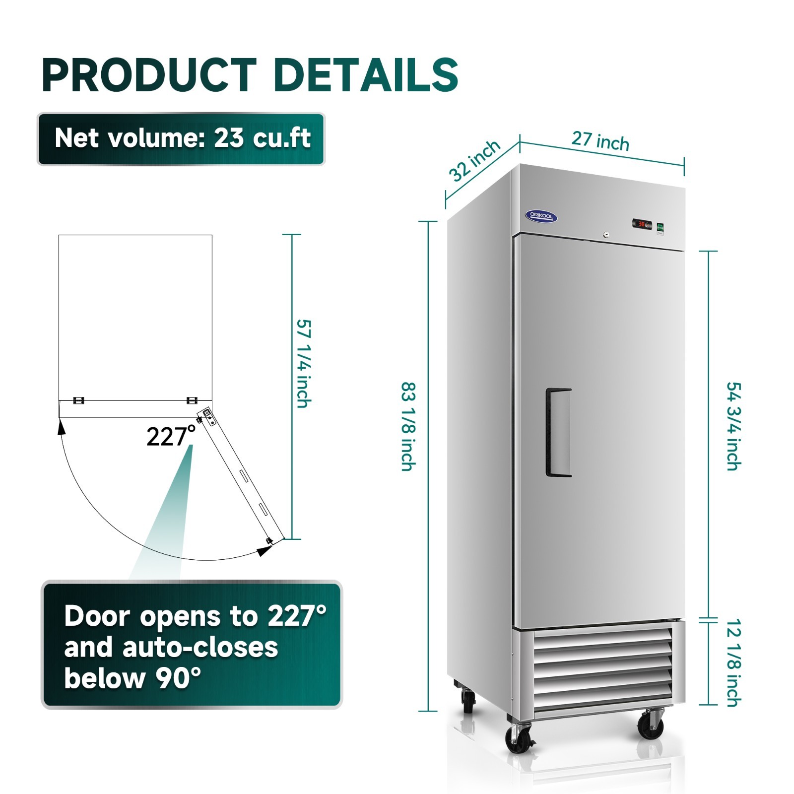 27″ Commercial Stainless Steel Fridge 23CuFt, 3 Adj Shelves, Digital Temp LED