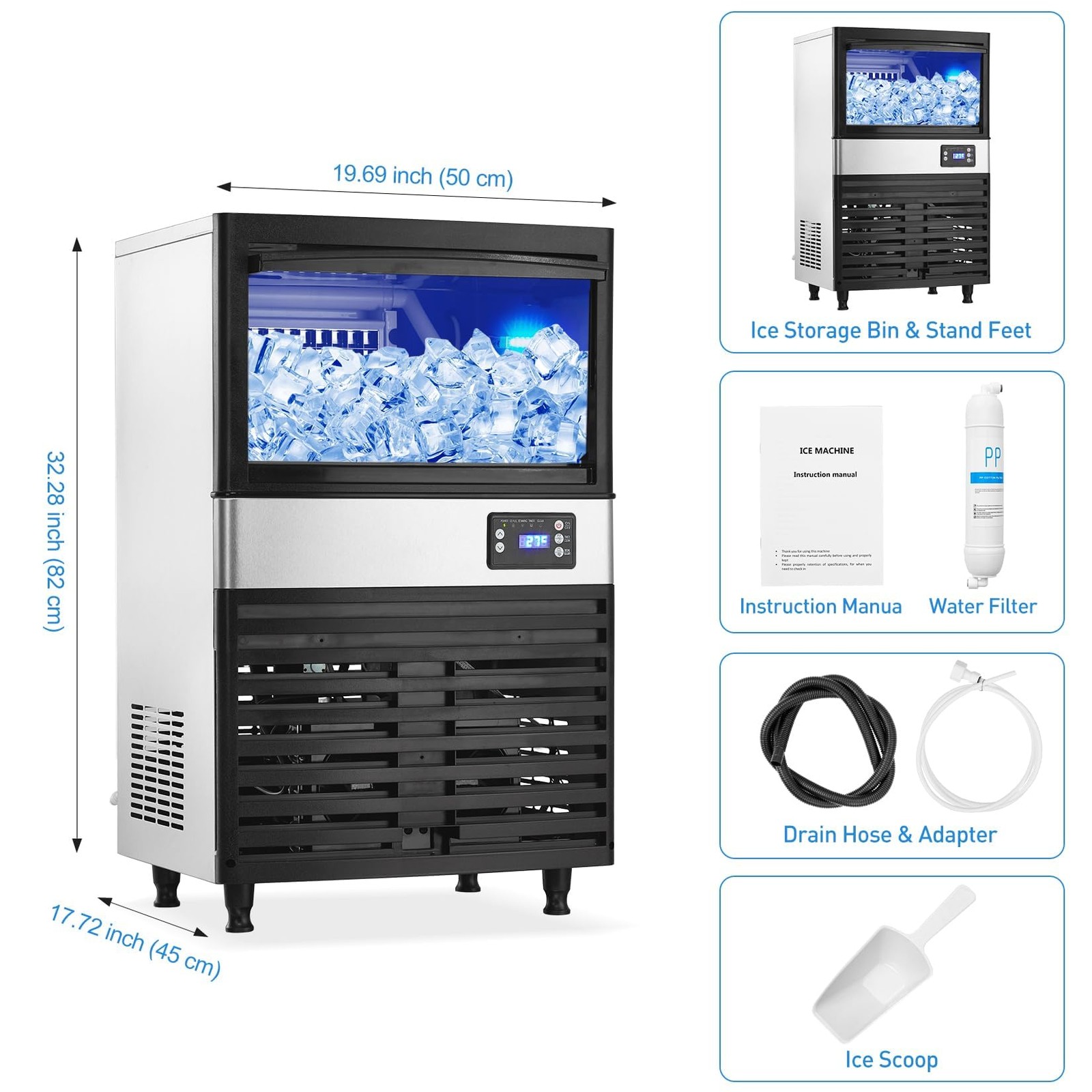 Commercial Ice Maker Stainless Steel, 150LBS/24H Ice Making Machine with 30LBS