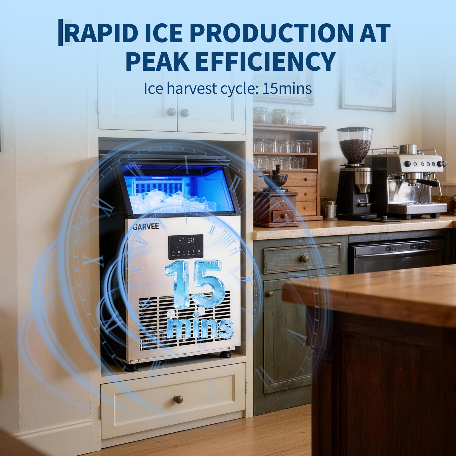 Garvee Commercial Ice Maker,40 Lbs Storage,Freestanding,150 Lbs/24H,3 Ice Sizes