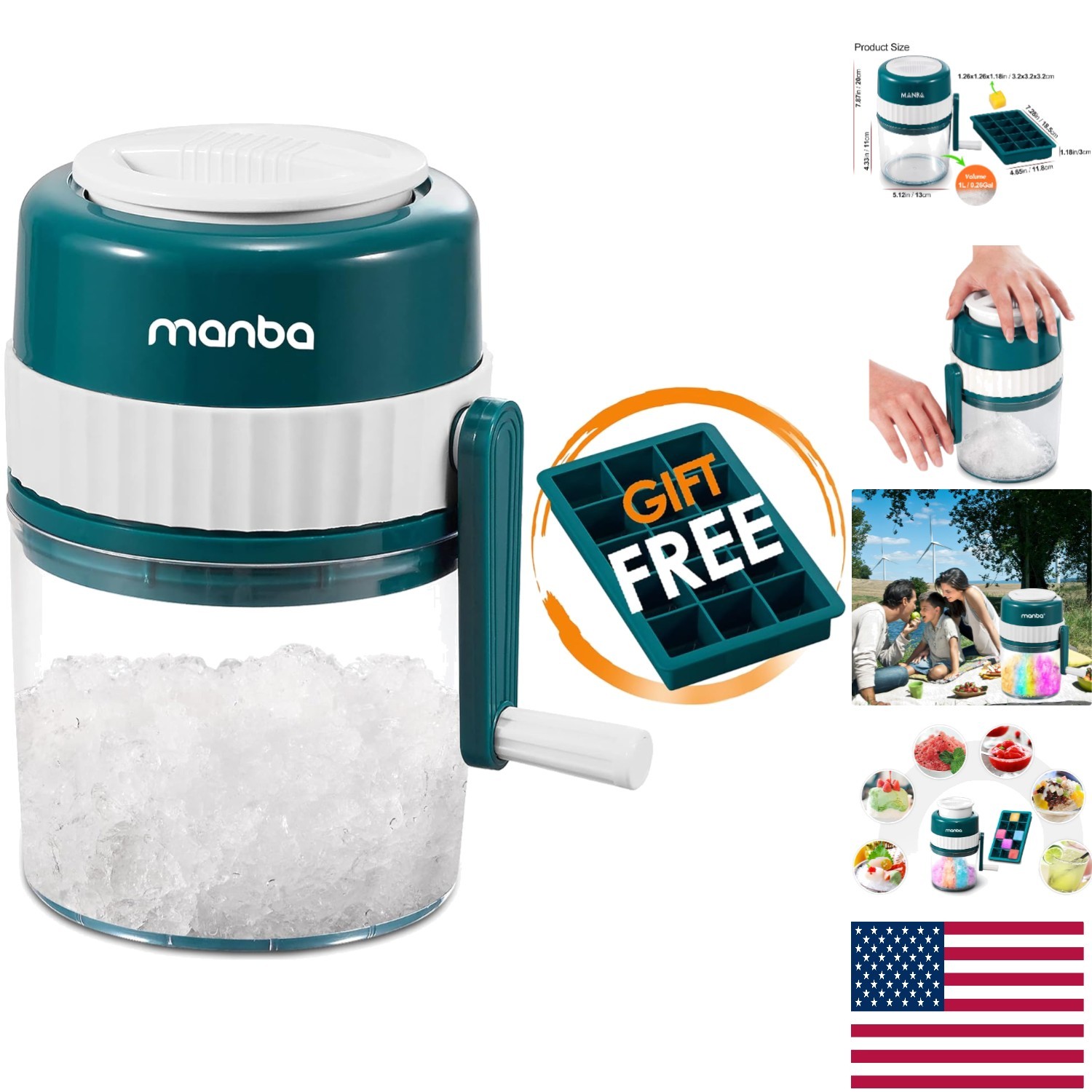 Versatile Manual Ice Shaver with 3 Stainless Steel Blades & Ice Tray Included