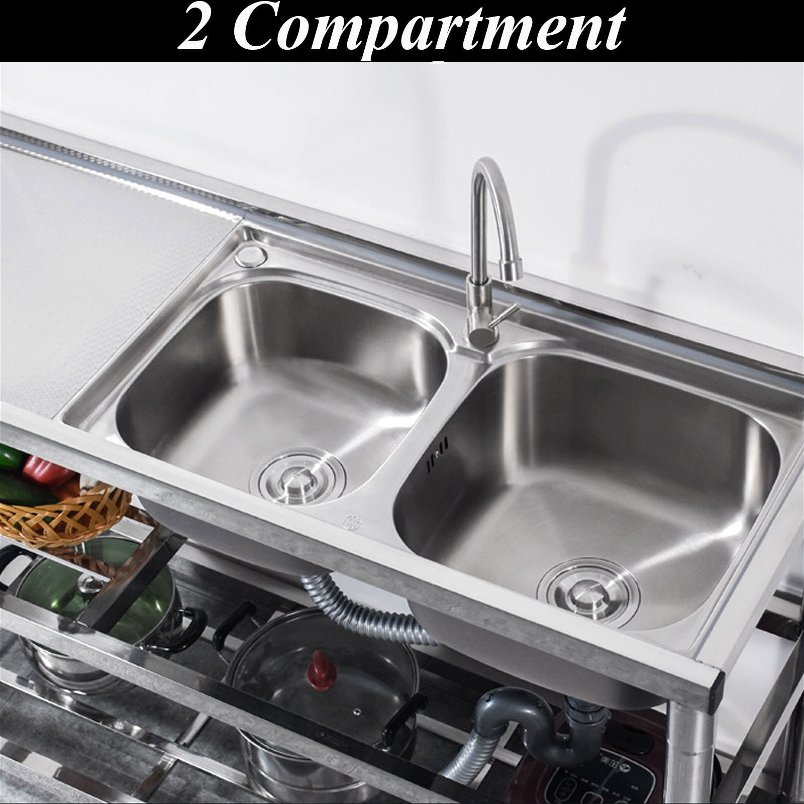 Stainless Steel Commercial Sink Kitchen Utility Sink 2 Compartments + Prep Table