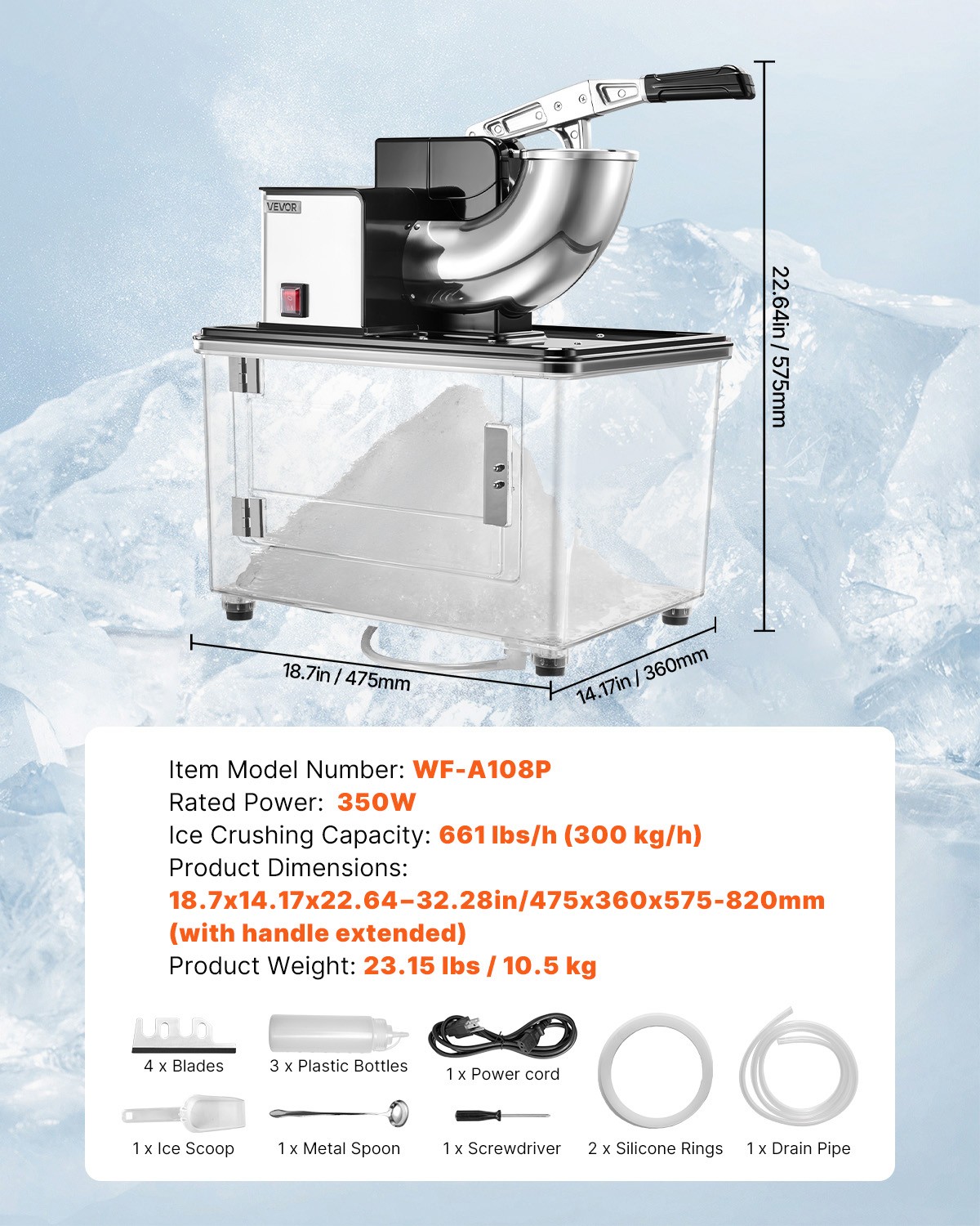 VEVOR Commercial Ice Crusher 661LBS/H Electric Snow Cone Maker Shaved Ice Black