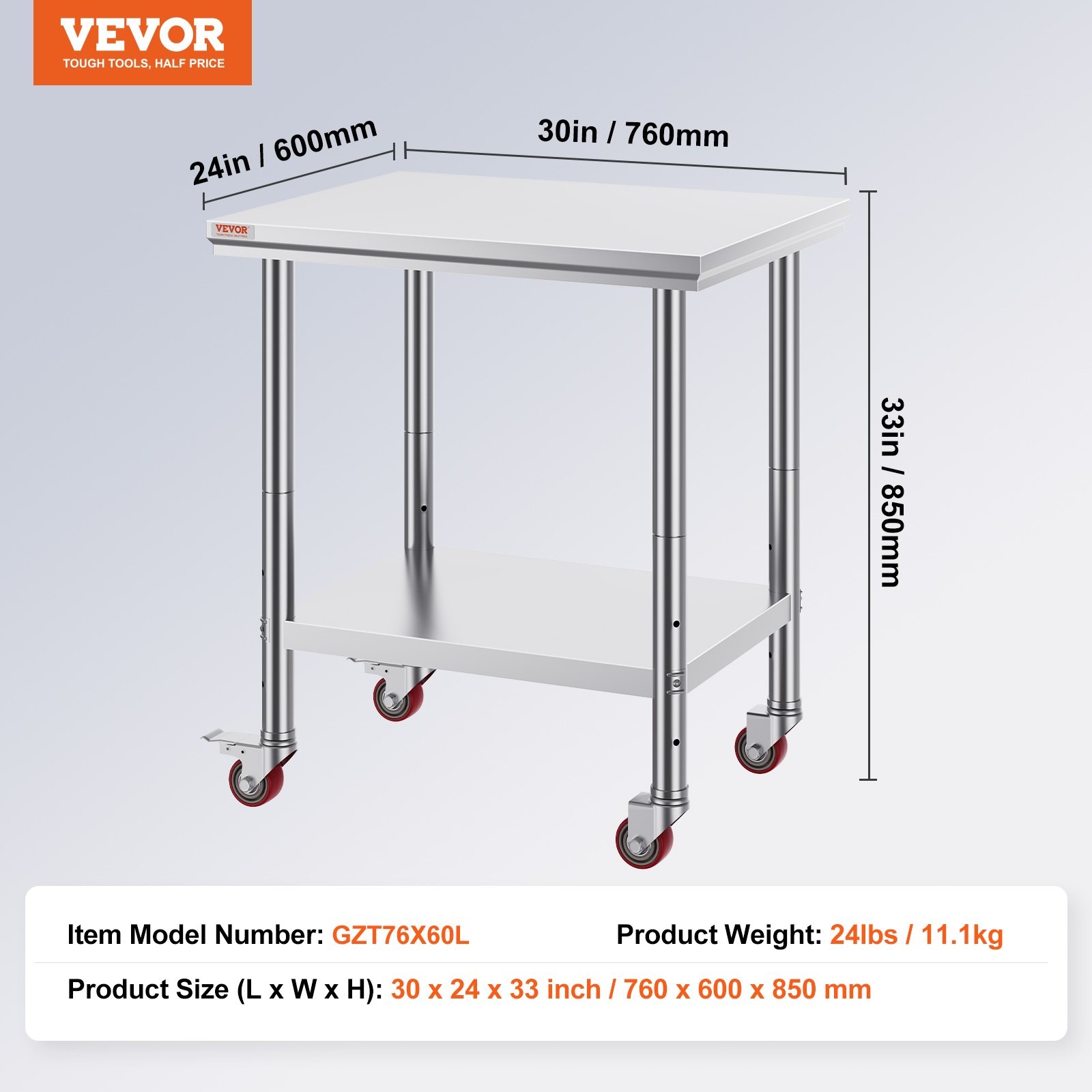Stainless Steel Work Table 30 x 24 x 33 Inch, 700 LBS Load Capacity with 4 Wheel