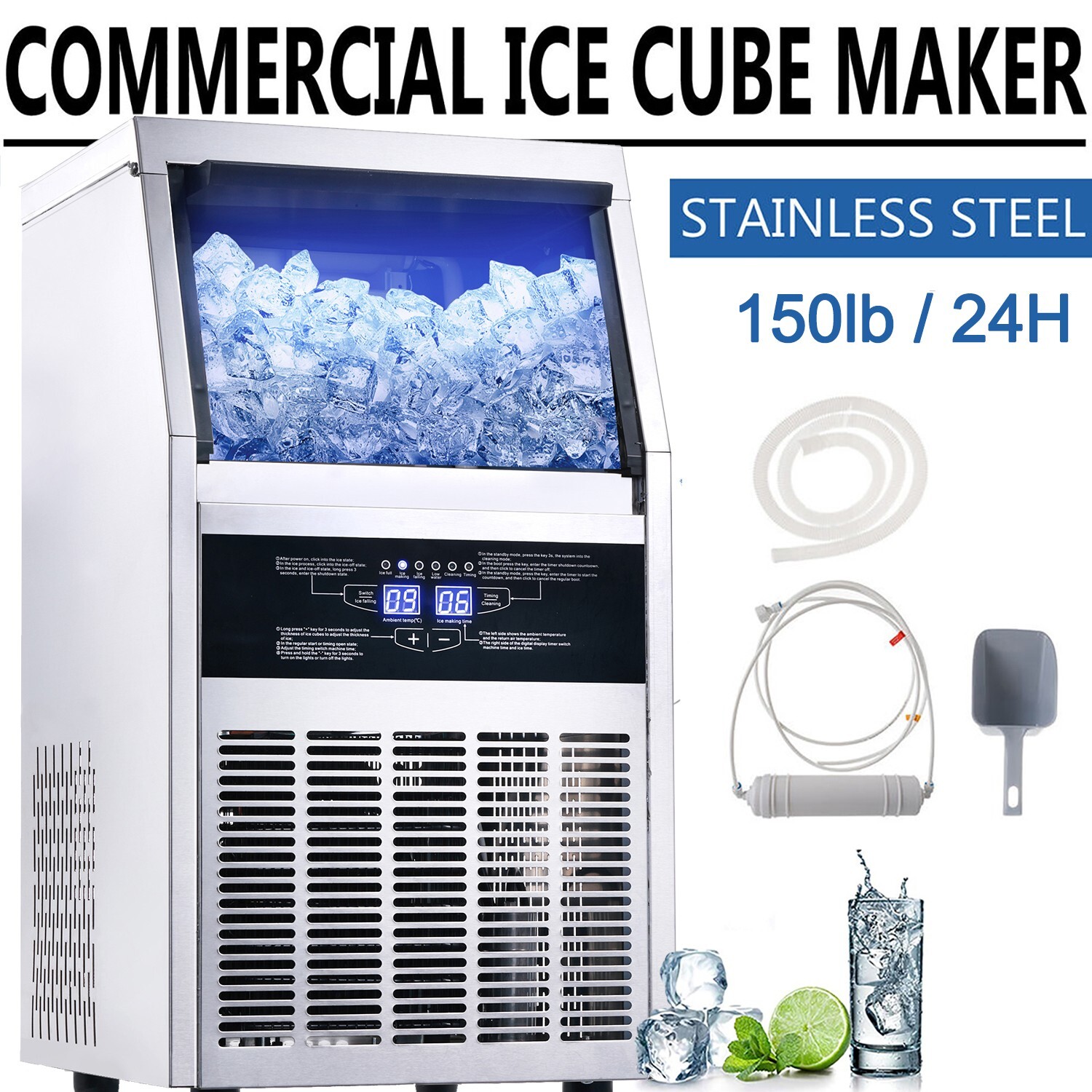 150lb Built-in Commercial Ice Maker Stainless Steel Bar Restaurant Cube Machine