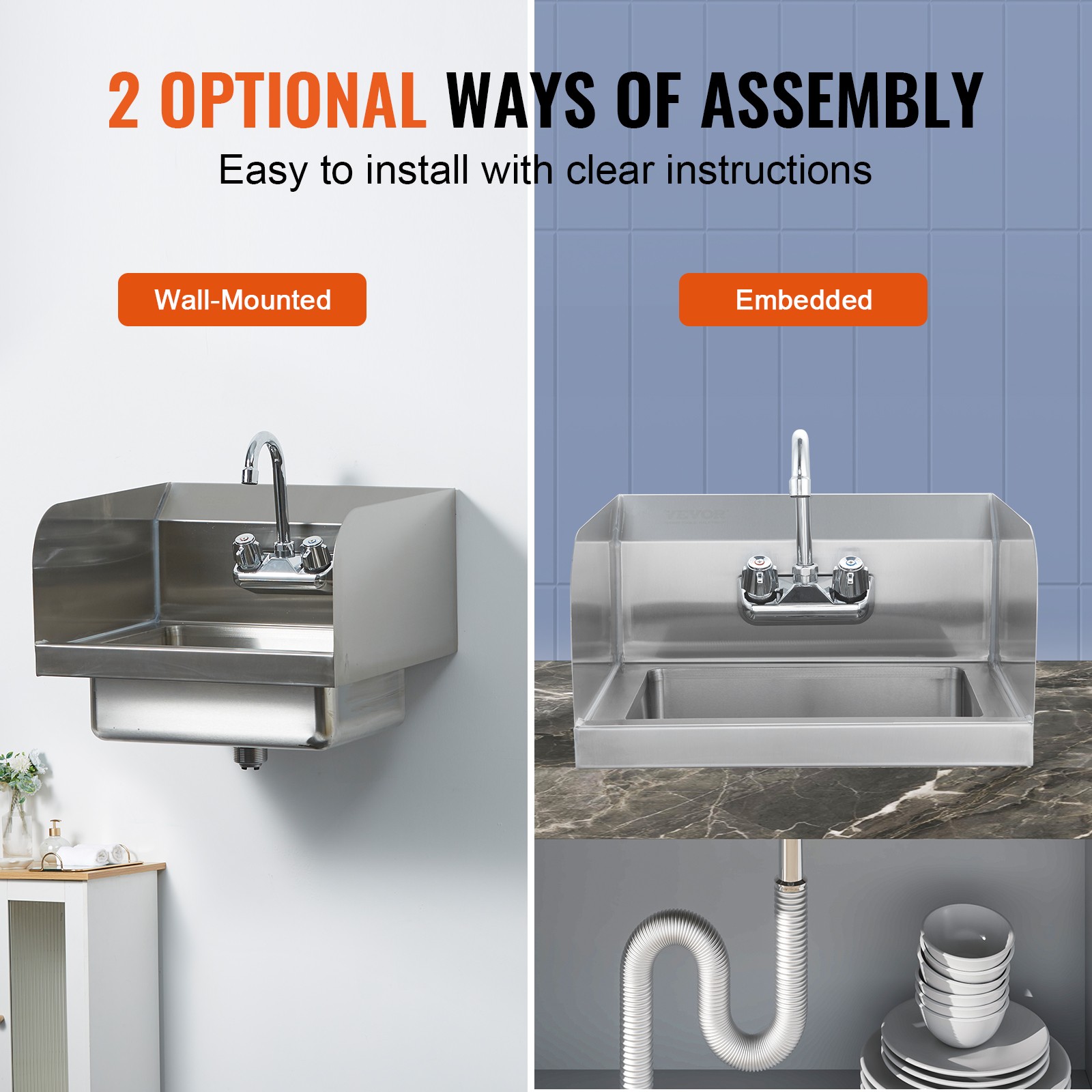 VEVOR 17″x12.8″ Commercial Hand Wash Sink Wall Mount Basin Stainless Steel NSF