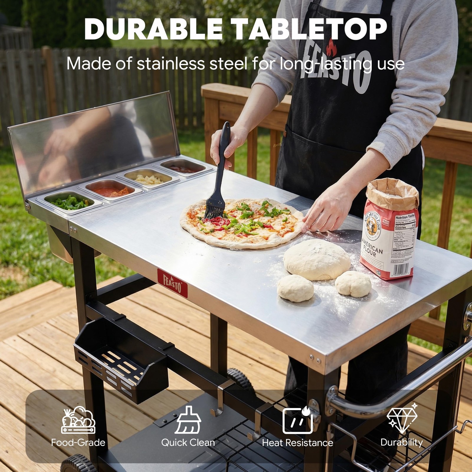 Outdoor Prep Table with One-Piece Integrated Topping Station, Food-Grade Stai…