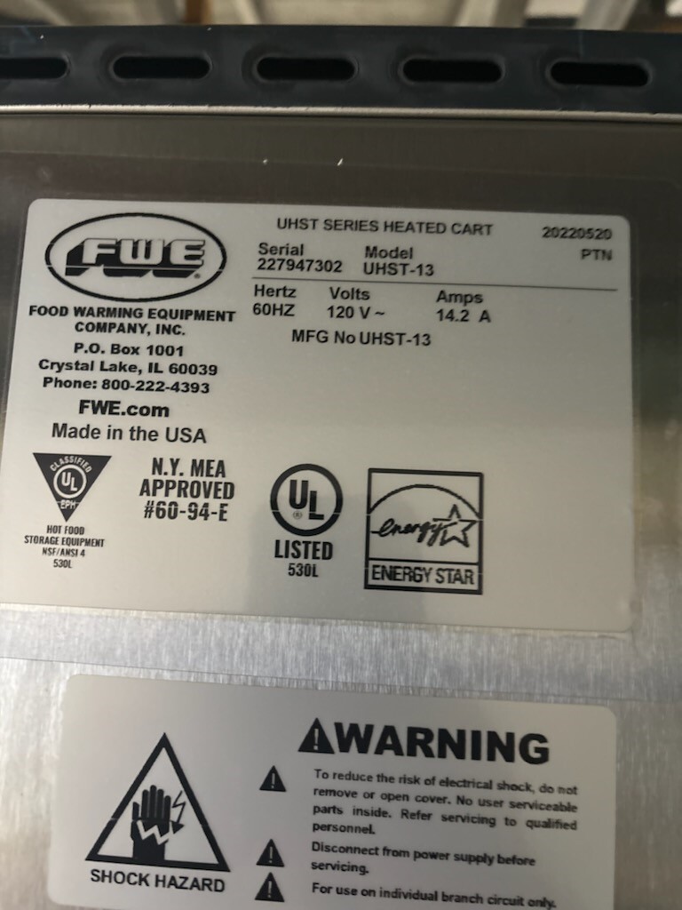 FWE UHST-13 13 Tray Heated Meal Delivery Cart, 120v
