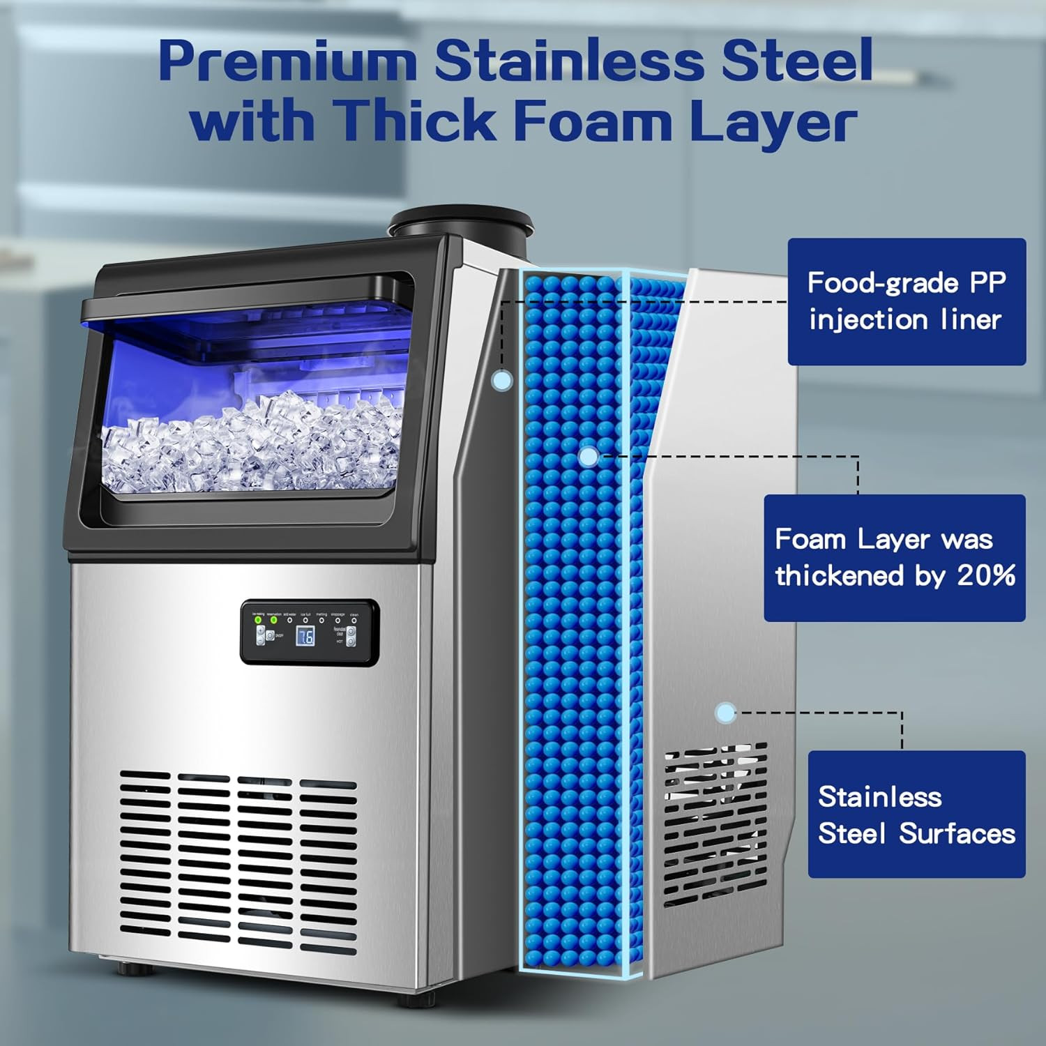 Commercial Ice Maker, 110Lbs/24H under Counter Ice Maker with 2 Water Inlet, Ice