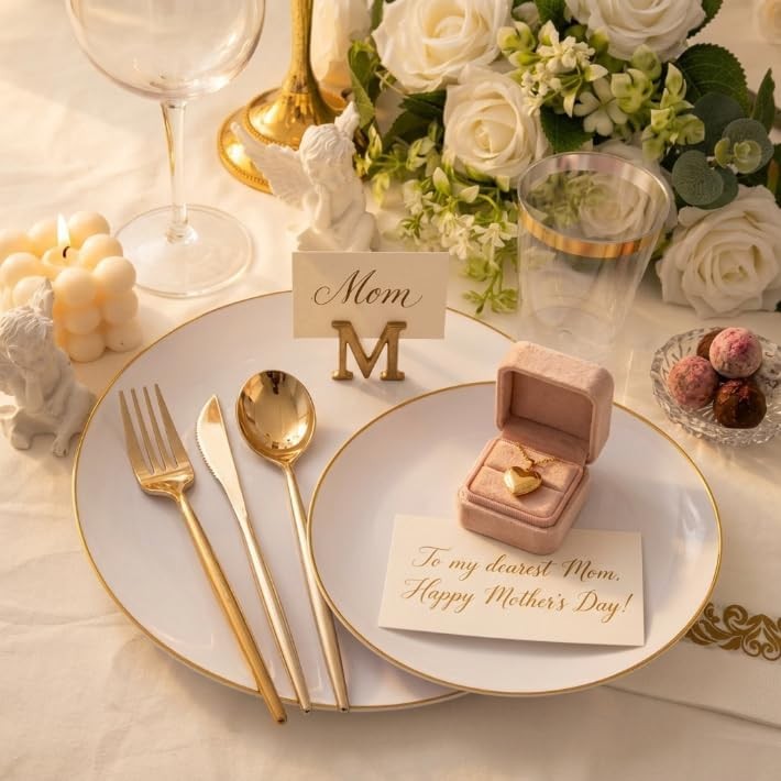 MirthMood 210Pcs Disposable Plastic Plates Set, Gold and White Plastic Party