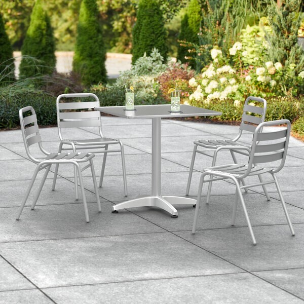 27 1/2» Square Chrome Metal Restaurant Table with 4 Slat Back Armless Chairs