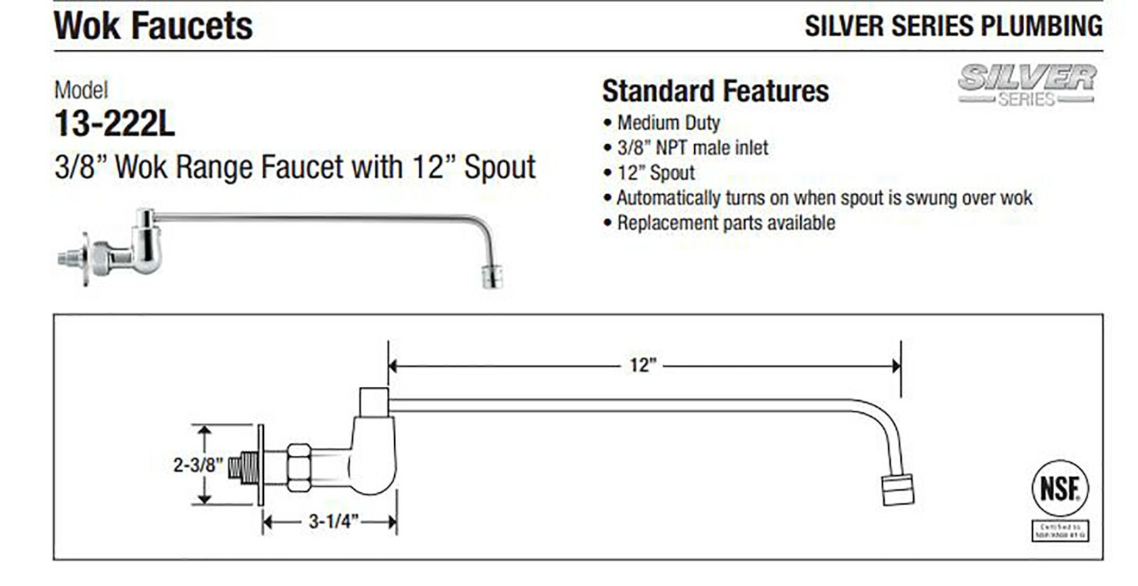 Krowne 13-222L 3/8″ Wok Range Faucet with 12″ Automatic Swing Spout – NSF Listed