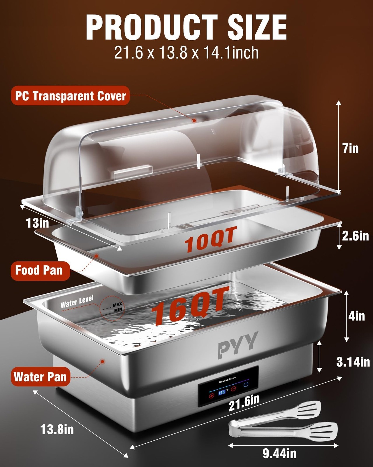 PYY Electric Chafing Dish Full Size Stainless Steel Chafer,Temperature Contro…