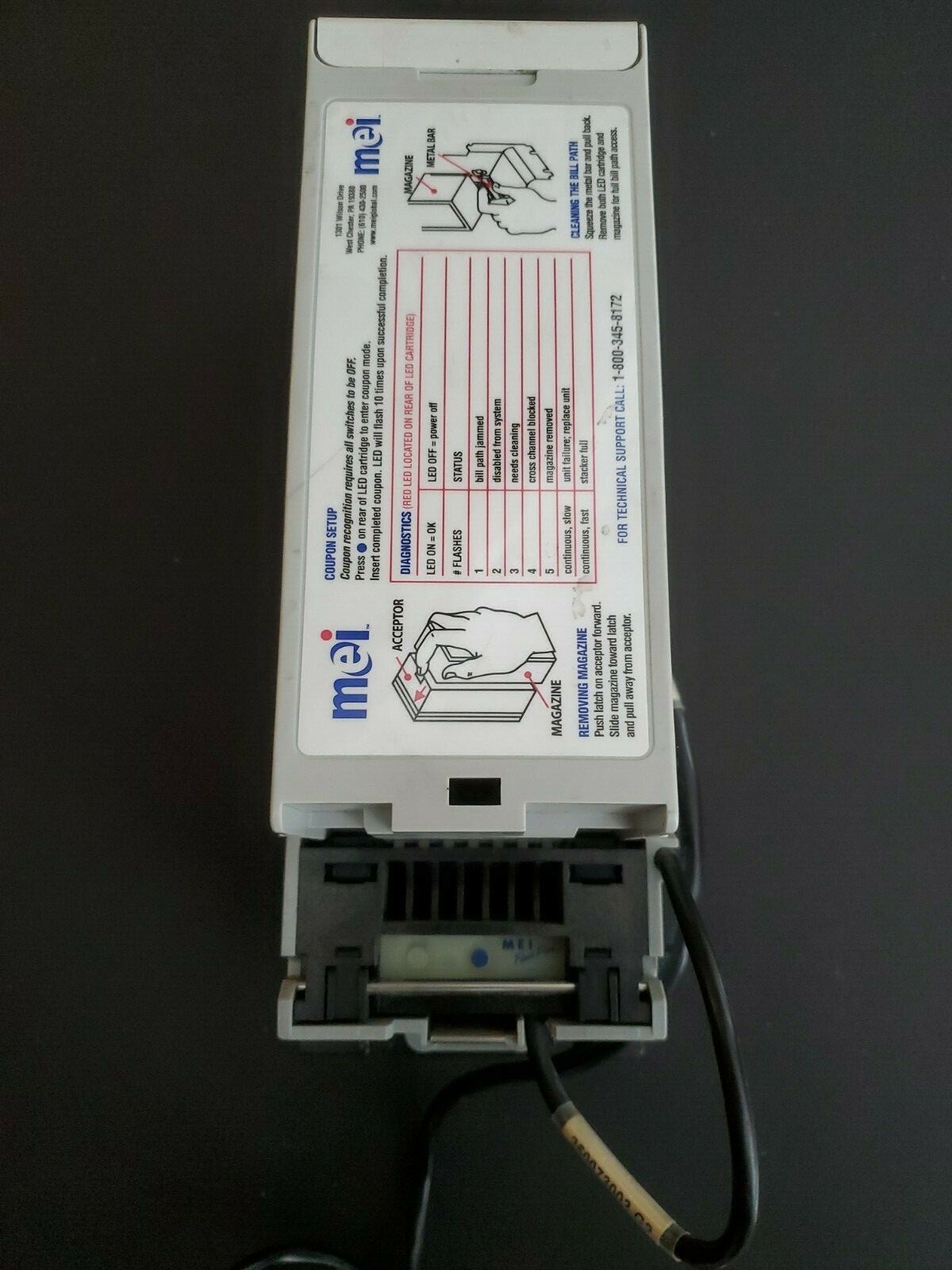 CPI MEI MARS VN2512 VN 2512 U3 $1 $5 BILL VALIDATOR ACCEPTOR W/ HARNESS MDB 24v