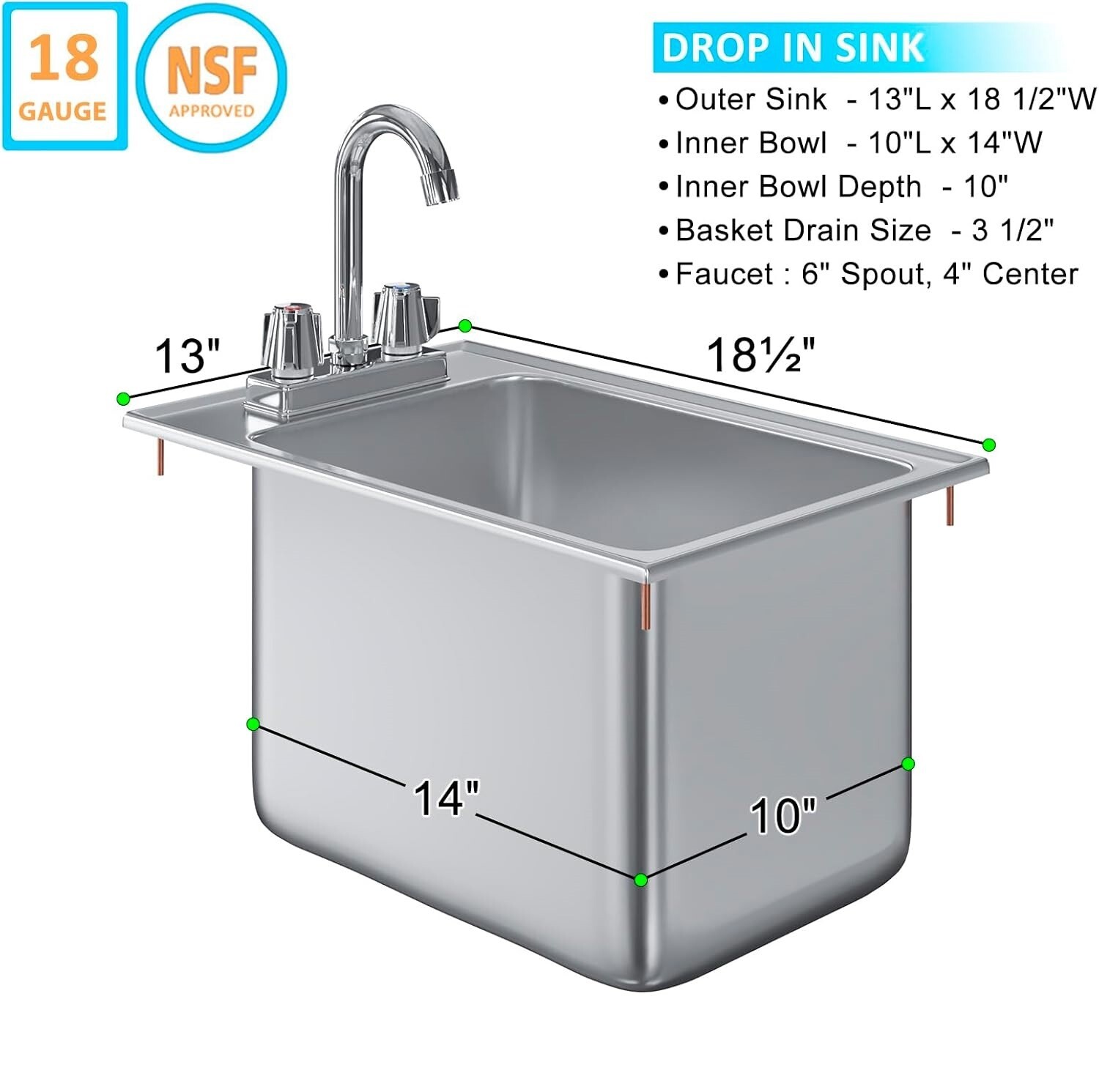 Stainless Steel 1 Compartment Drop in Sink 18.5″x13x10″ – Bowl Size 10″x14″x10″