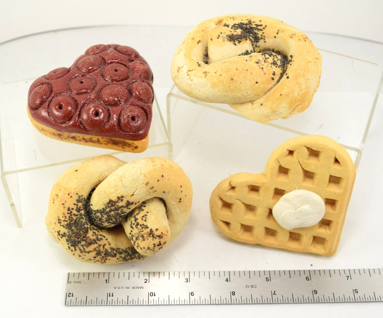 Lot of 4 Faux Bakery Food Display Props Heavy Resin Pretzels Waffle Heart Tart