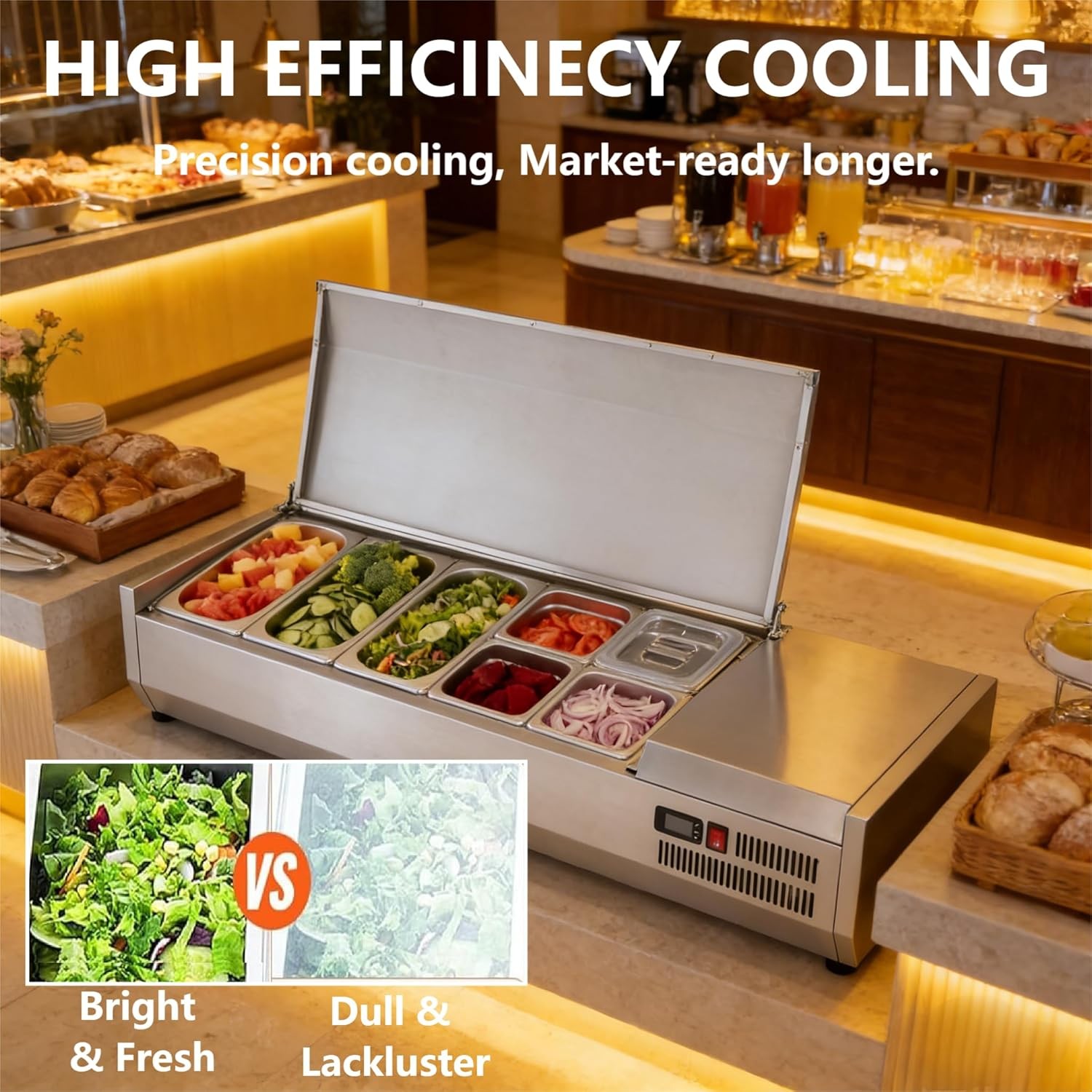 ⚡140W Refrigerated Condiment Prep Station, 51″ Countertop Refrigerator Condimen