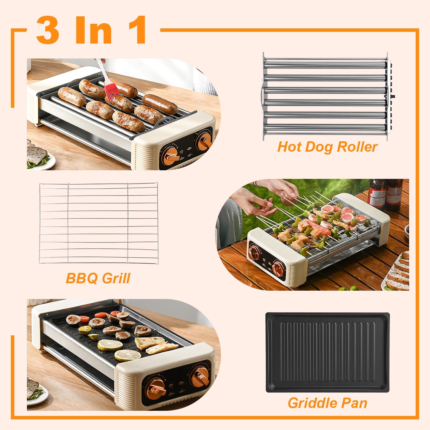 3IN1 Hot Dog Roller Machine with Grill & Griddle Cooker 600W 9 Hot Dog 6 Roller