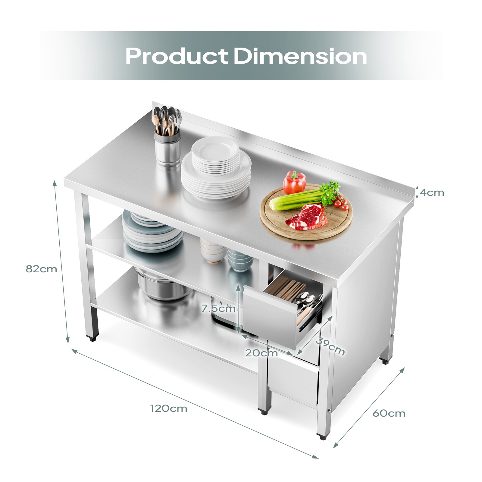 47″ x 24″ x 32″ Stainless Steel Work Table Heavy Duty Prep Table with 3 Drawers