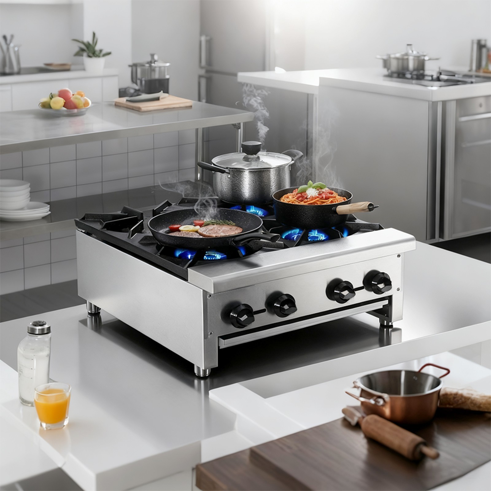 24 in Commercial Gas Stove w/4 Burners Stainless Steel Gas Hot Plate 112,000 BTU