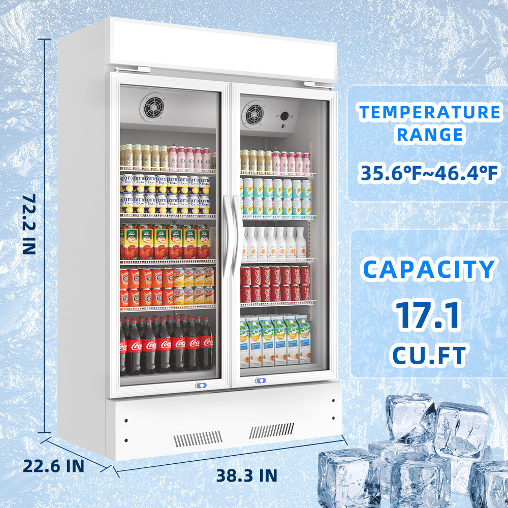 New Merchandiser Refrigerator 2 Glass Doors Commercial Beverage Cooler 18 Cu.ft