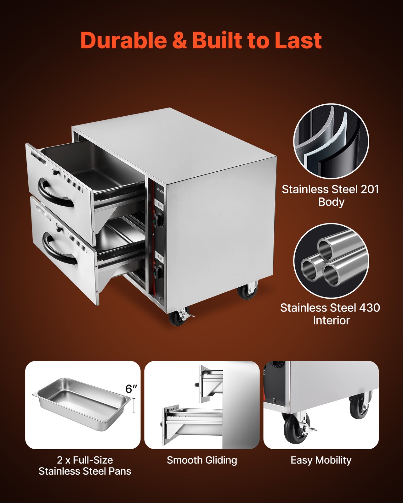 VEVOR Commercial Electric Drawer Warmer Two Drawers Stainless Steel Standard