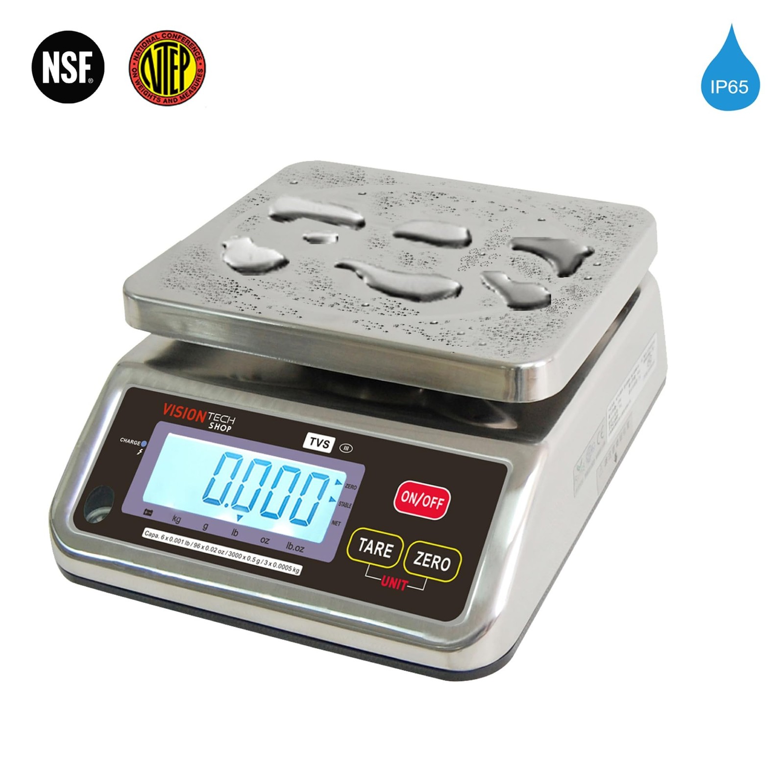 VisionTechShop TVS Portion Control Stainless Steel Washdown Scale, Lb/Oz/Kg/g…