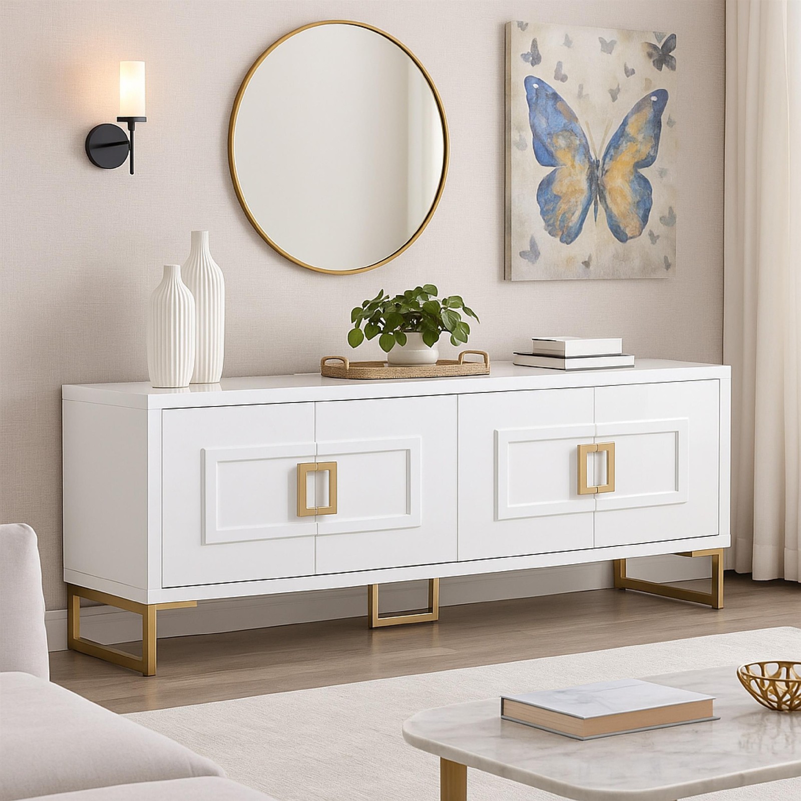 Cid Laha Sideboard Buffet Cabinet-79 Inch-4 Doors-White-Champagne Gold