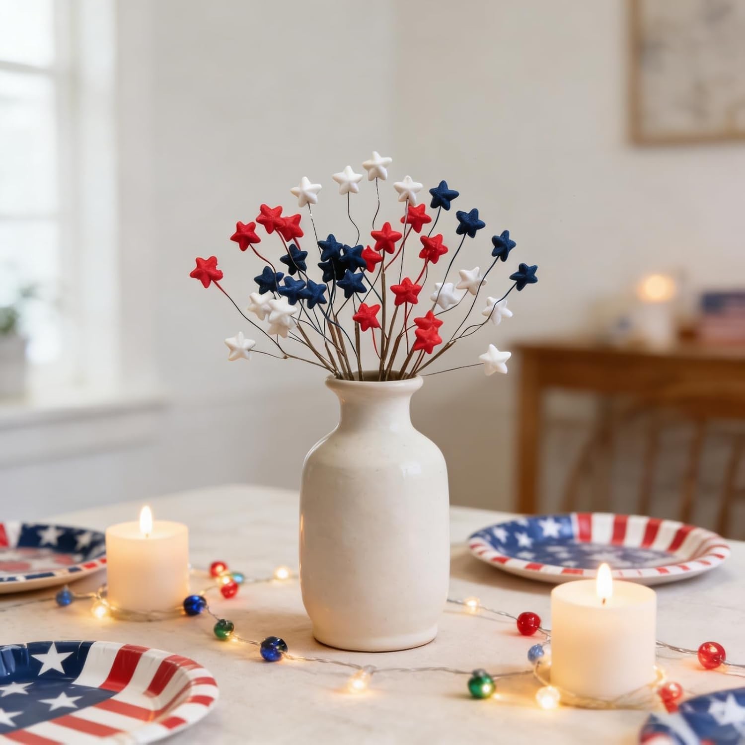 12PCS 10 Inch 4th of July Star Picks, Patriotic Flocked Artificial Berry Stem…
