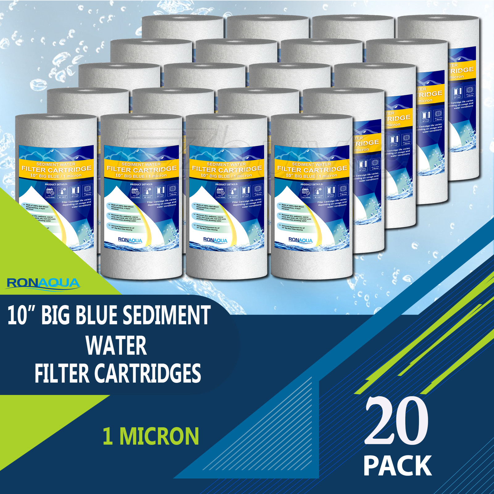 Big Blue Sediment Replacement Water Filters 20 PCS 1 Micron 10″x 4.5″ Cartridges