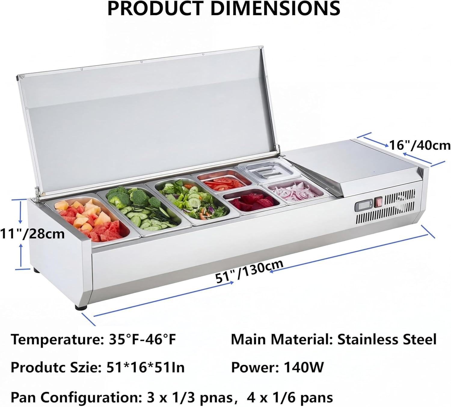 ⚡140W Refrigerated Condiment Prep Station, 51″ Countertop Refrigerator Condimen
