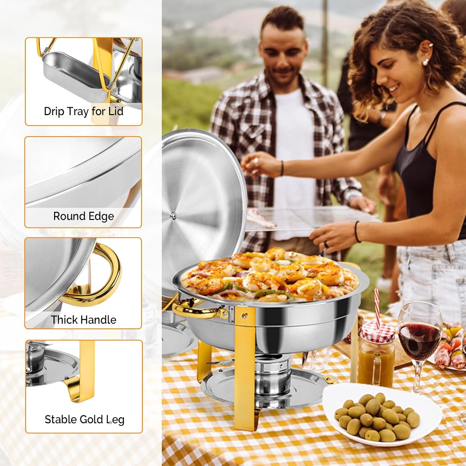 2 Pieces Elegant Gold & Silver Chafing Dishes 5QT Buffet Warmers for Weddings