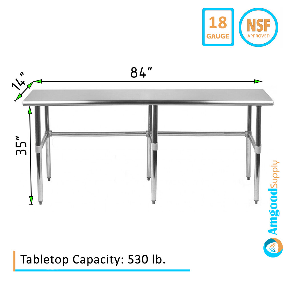 14″ X 84″ Stainless Steel Open Base Table | NSF Prep Metal Work Table