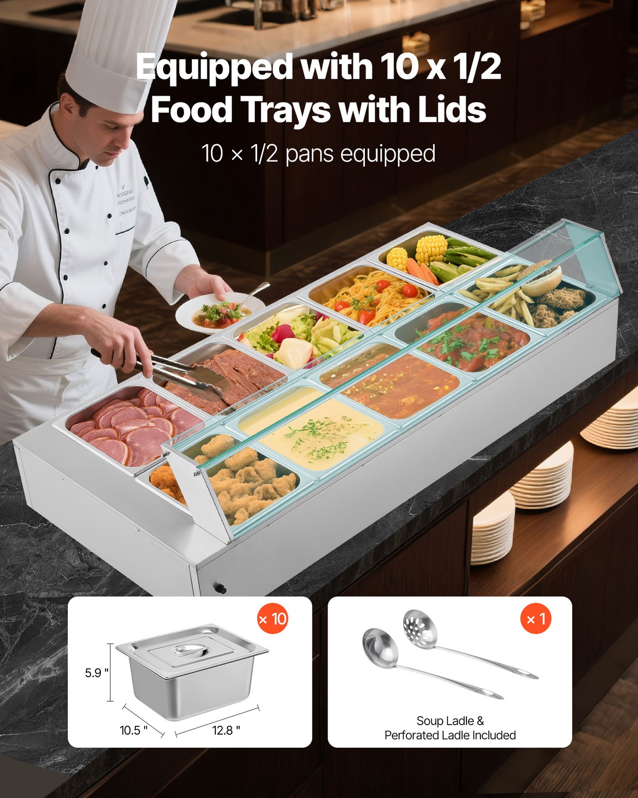 VEVOR Commercial Food Warmer 10-Pan 1700W Buffet Bain Marie with Glass Cover