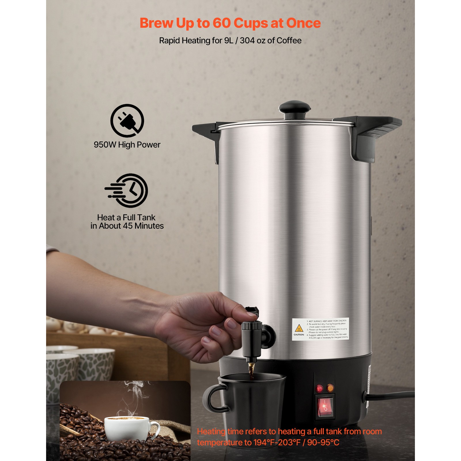 Uimoso Commercial Coffee Urn 60 Cup Hot Drink Dispenser 9L Stainless Steel