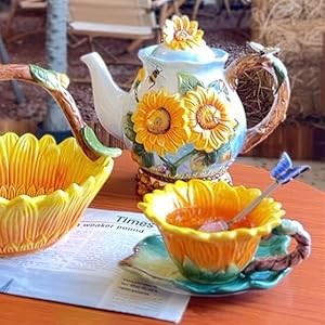 Ceramic Coffee Pot, 3D Hand- Painted 37oz Sunflower and Bee Teapot, Home